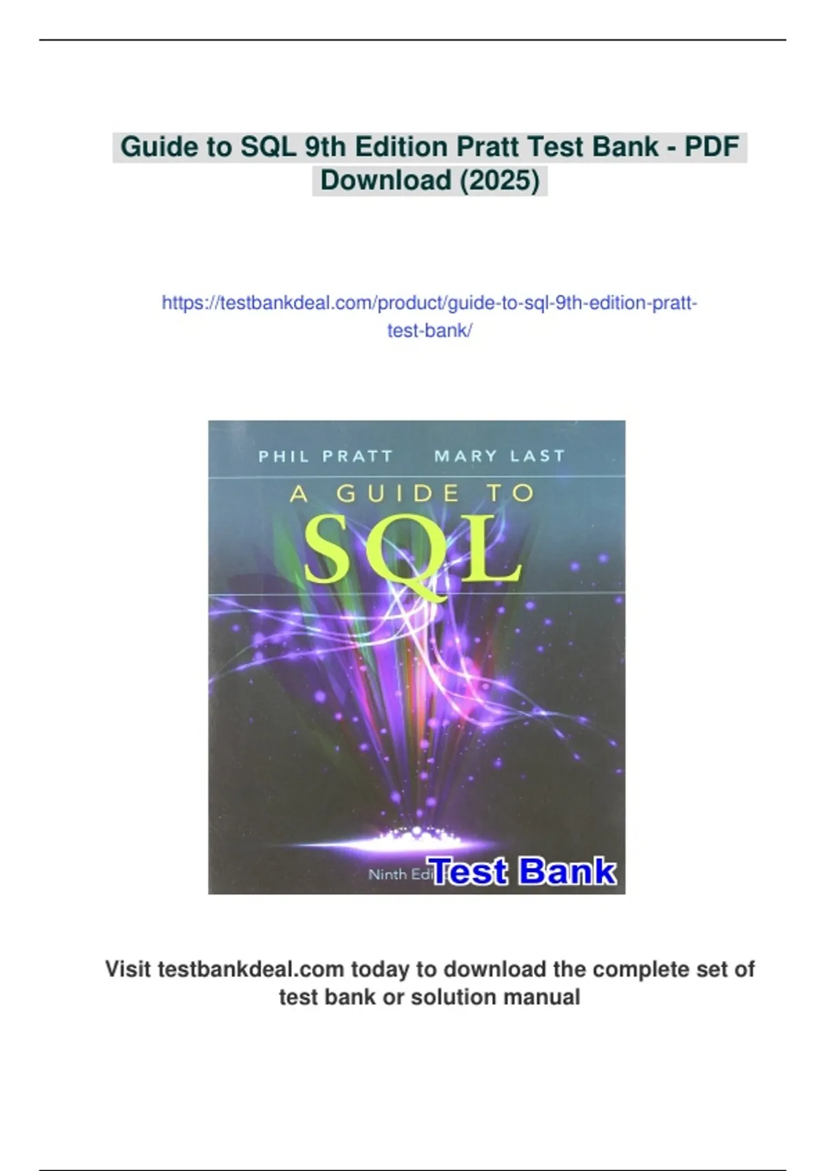 Guide To Sql 9th Edition Summary Guide to SQL 9th Edition Pratt Test Bank - Instant Download ...