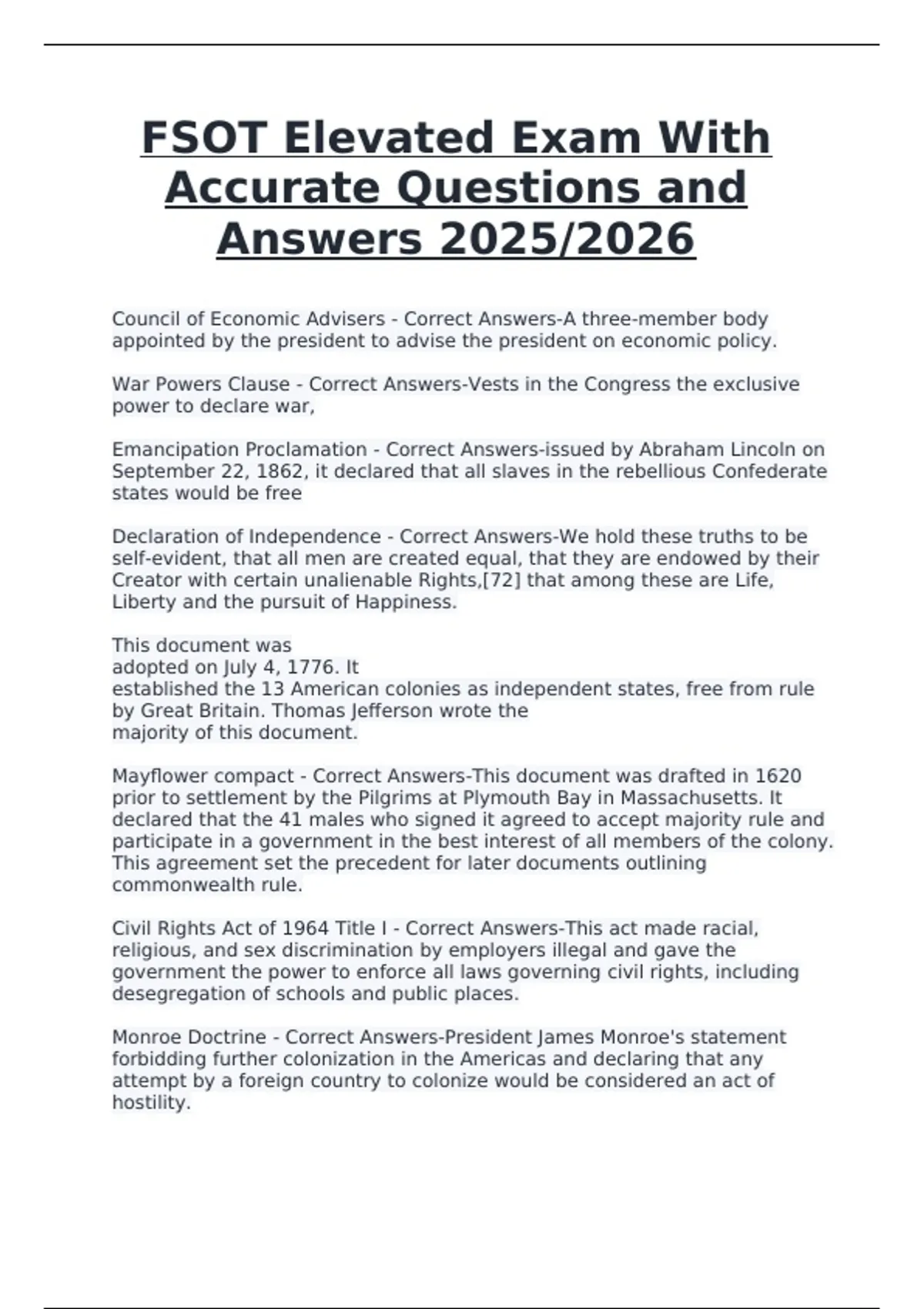 Fsot Example Questions FSOT Elevated Exam | Accurate Questions and Answers 2025/2026 - FSOT ...