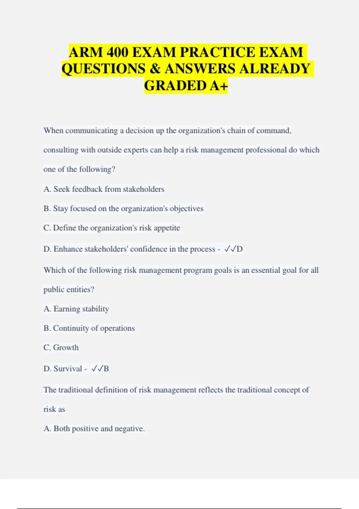 ARM 400 Exam Practice Questions & Answers (Graded A+) 2025/2026 ...