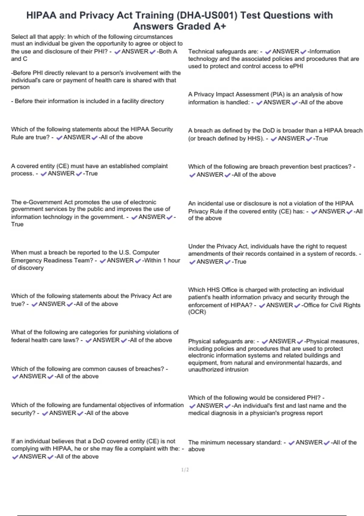 HIPAA and Privacy Act Training (DHA-US001) Test Questions with Answers ...