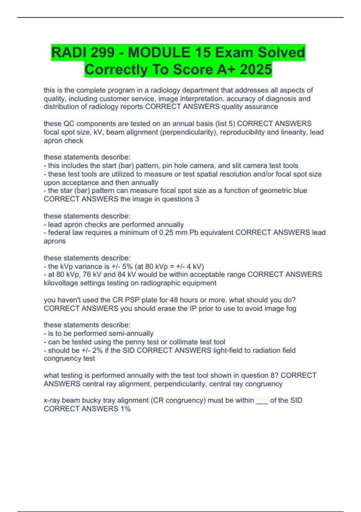 RADI 299 - MODULE 15 Exam Solved Correctly To Score A+ 2025 - RADI 299 ...