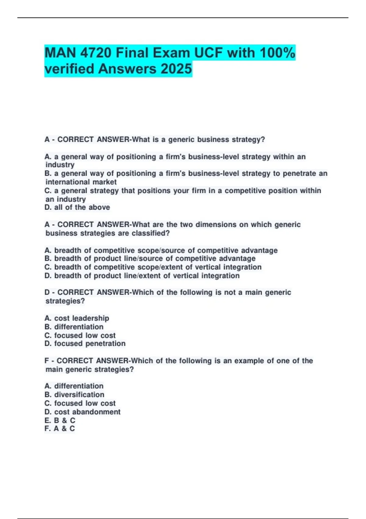 MAN 4720 Final Exam UCF with 100- verified Answers 2025. - MAN 4720 ...
