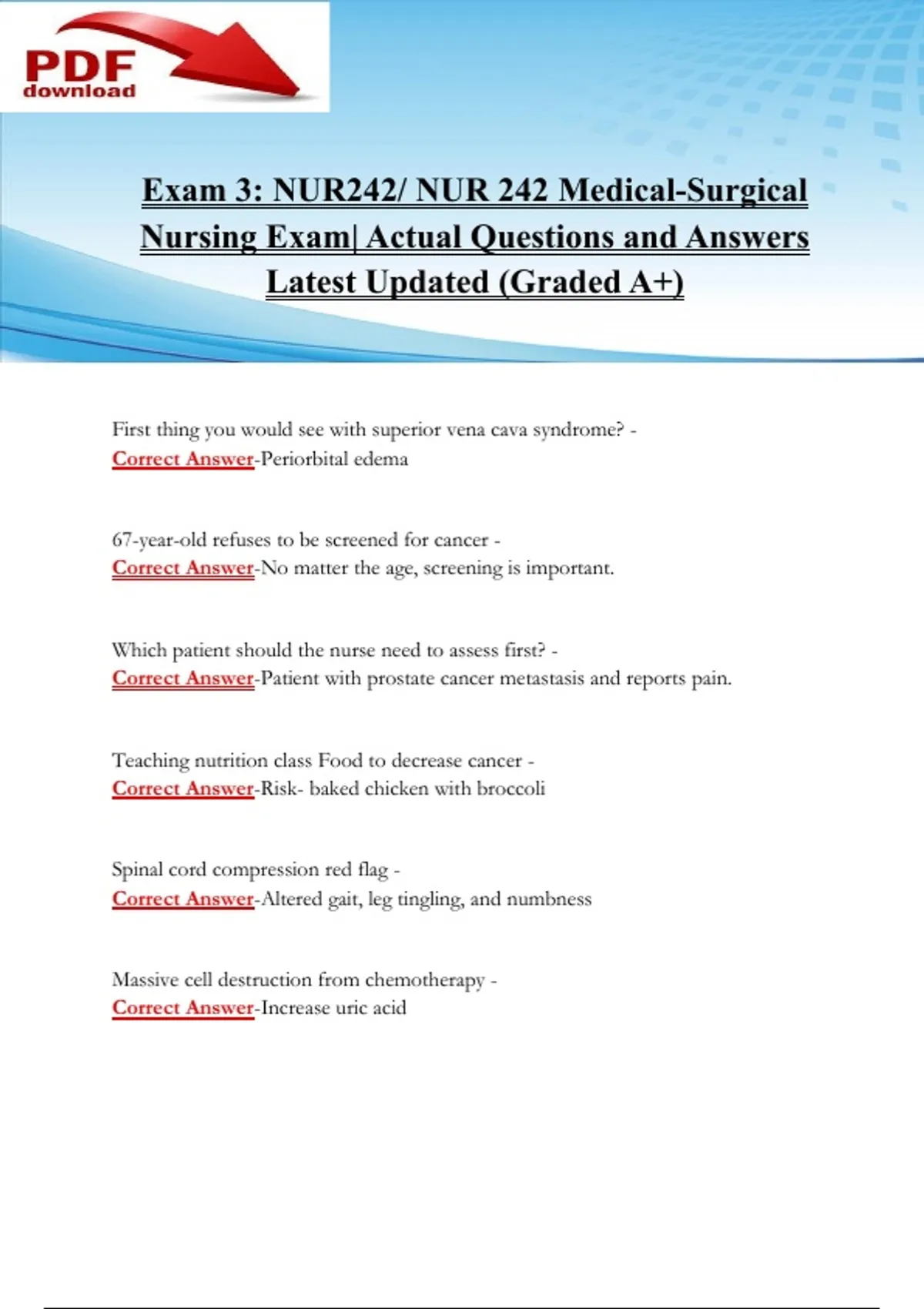 Exam 3: NUR242/ NUR 242 Medical-Surgical Nursing Exam| Actual Questions ...