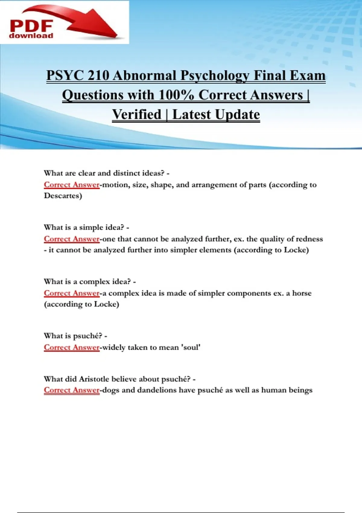 PSYC 210 Abnormal Psychology Final Exam Questions with 100% Correct ...