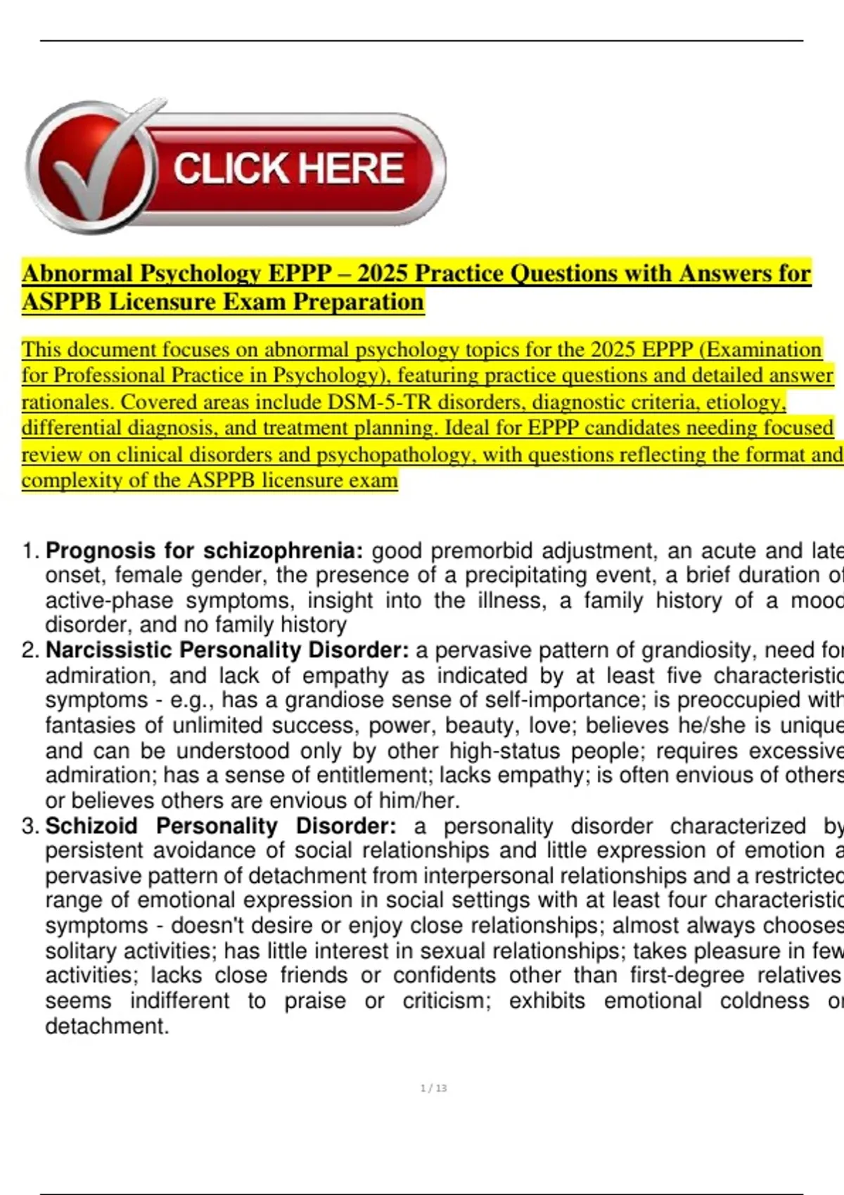 Abnormal Psychology EPPP – 2025 | Practice Questions with Answers for ...