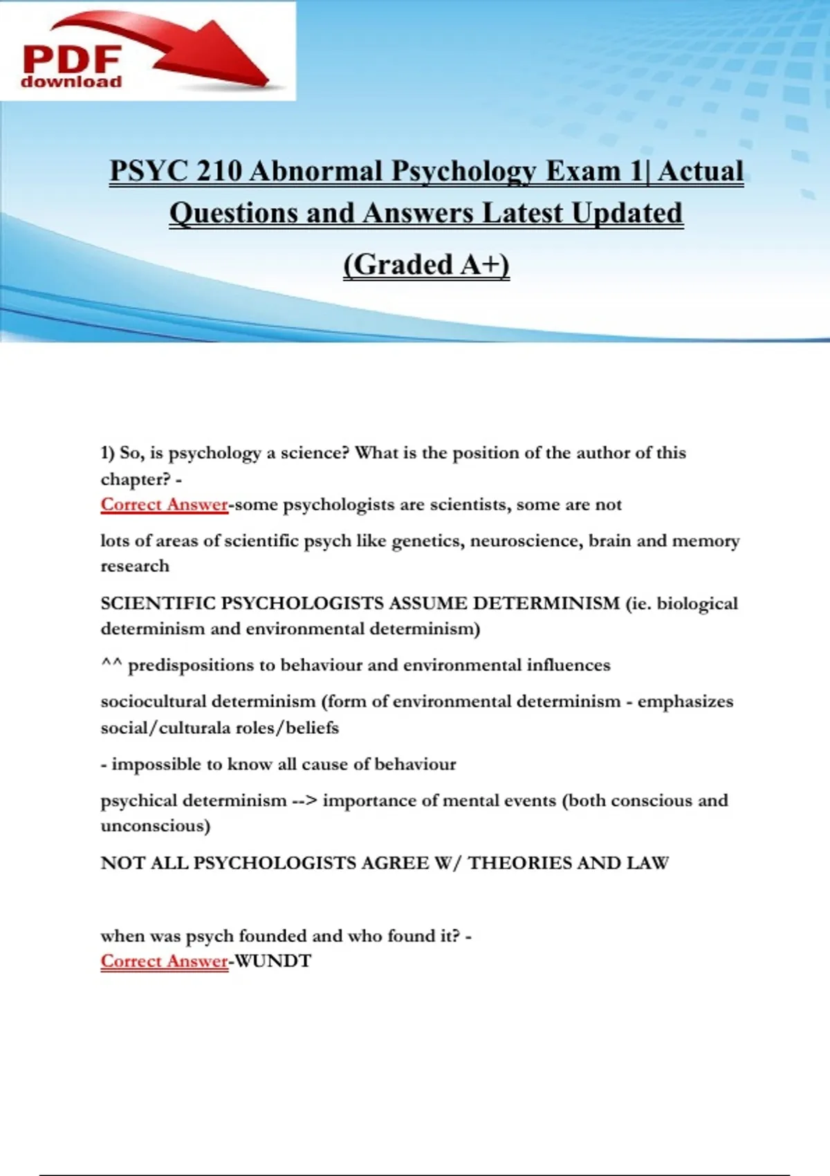 PSYC 210 Abnormal Psychology Exam 1| Actual Questions and Answers ...