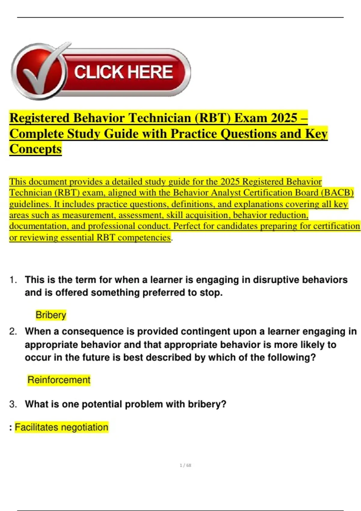Study Guide Rbt 2025 Registered Behavior Technician (RBT) Exam 2025 – Complete Study Guide ...