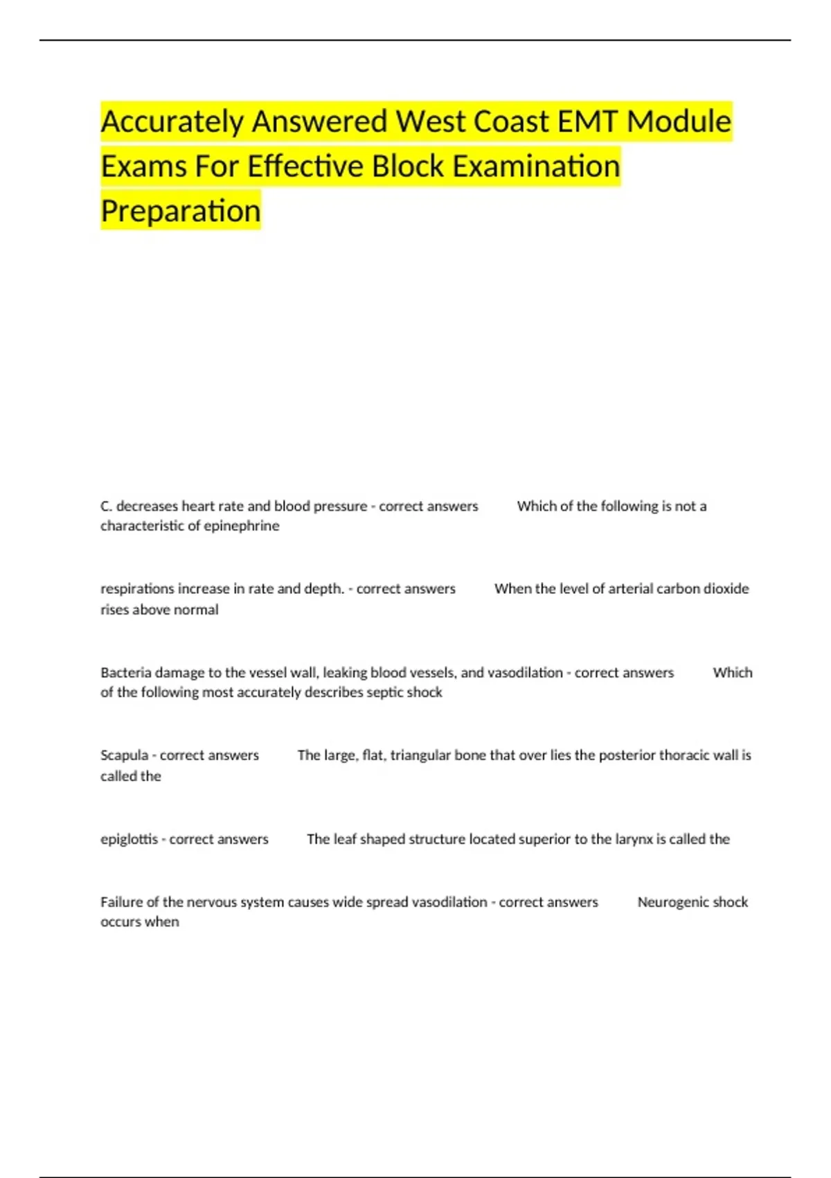 Accurately Answered West Coast EMT Module Exams For Effective Block ...