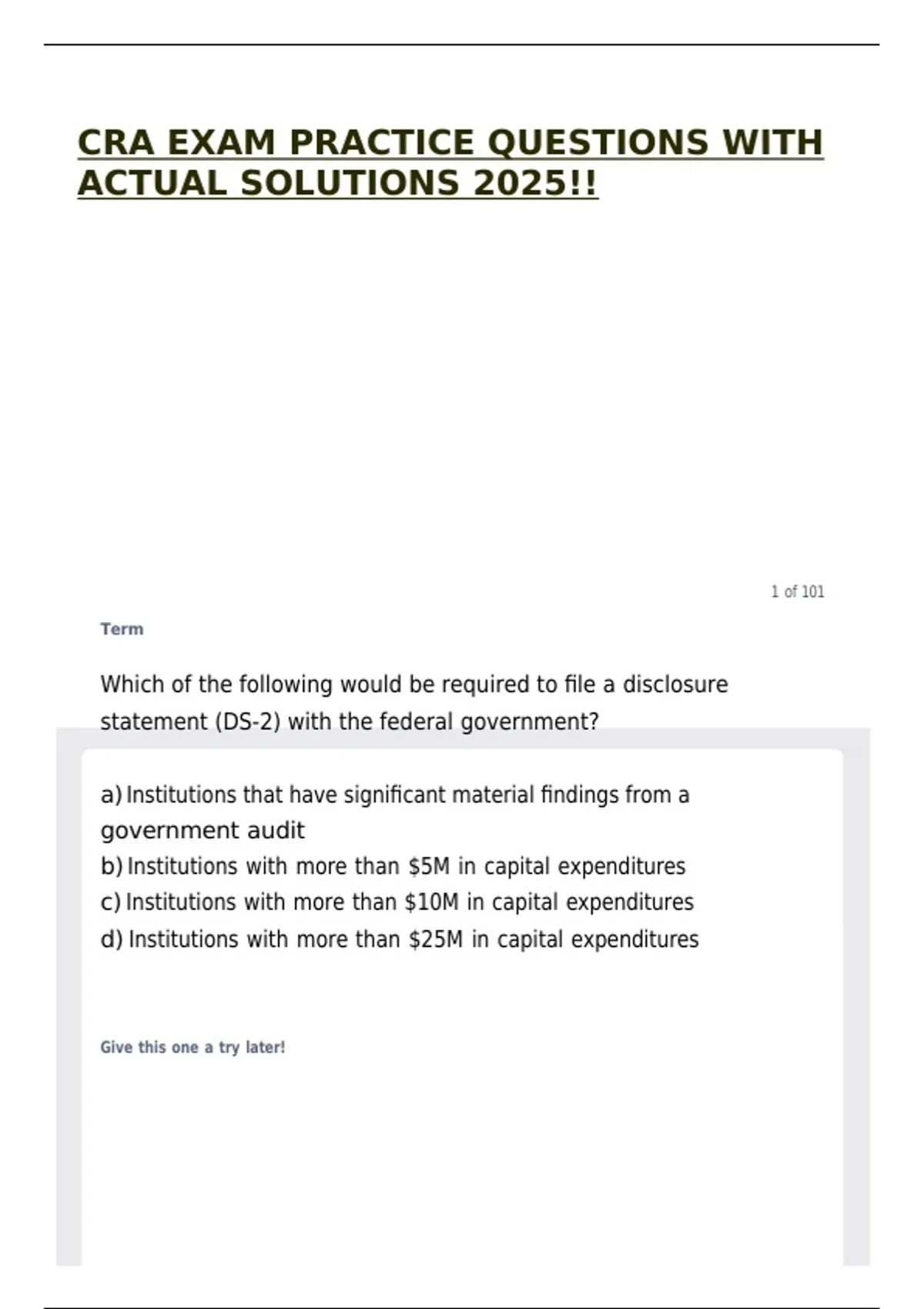 CRA EXAM PRACTICE QUESTIONS WITH ACTUAL SOLUTIONS 2025!! - CRA - Stuvia US