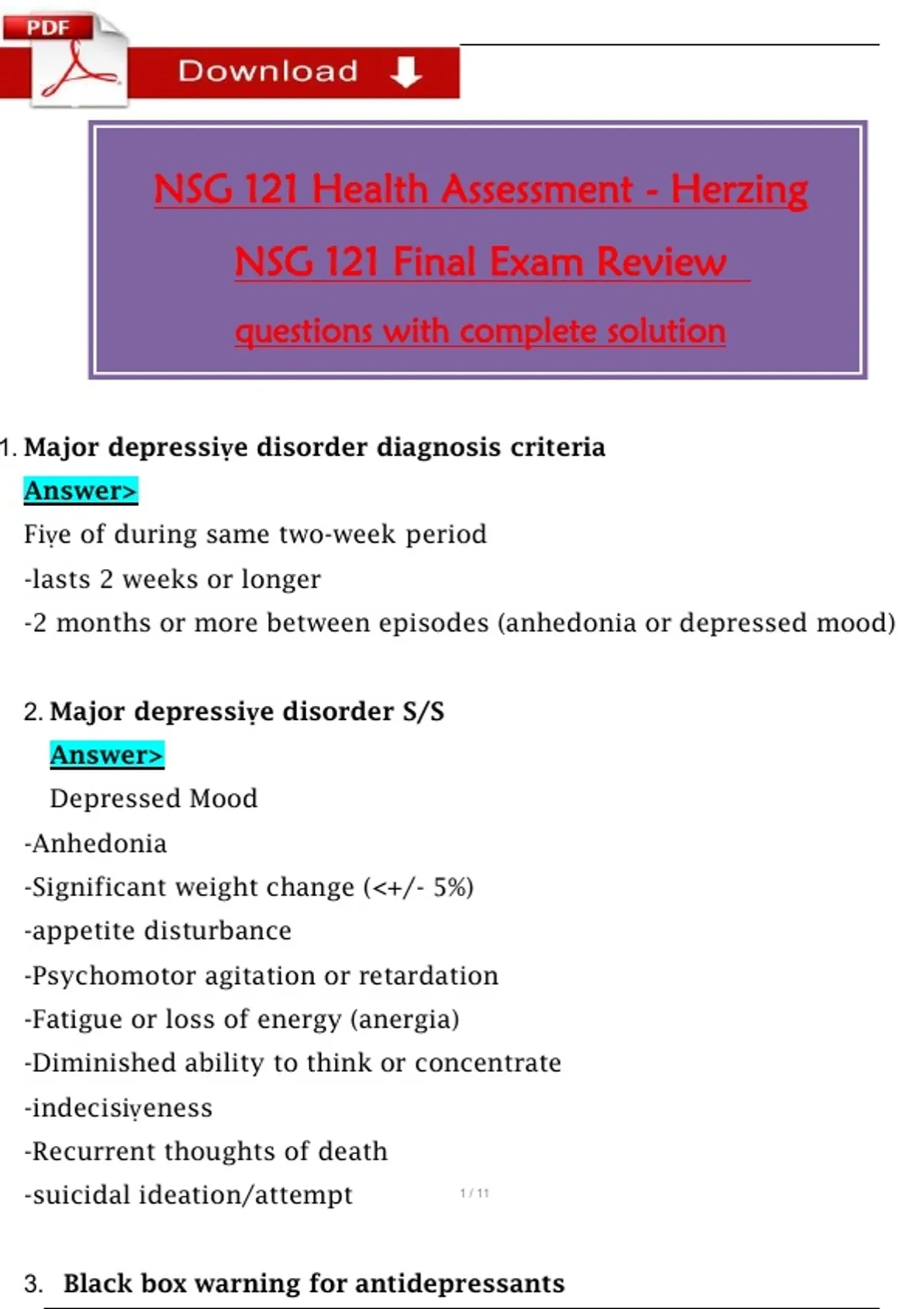 NSG 121 Health Assessment - Herzing NSG 121 Final Exam Review questions ...