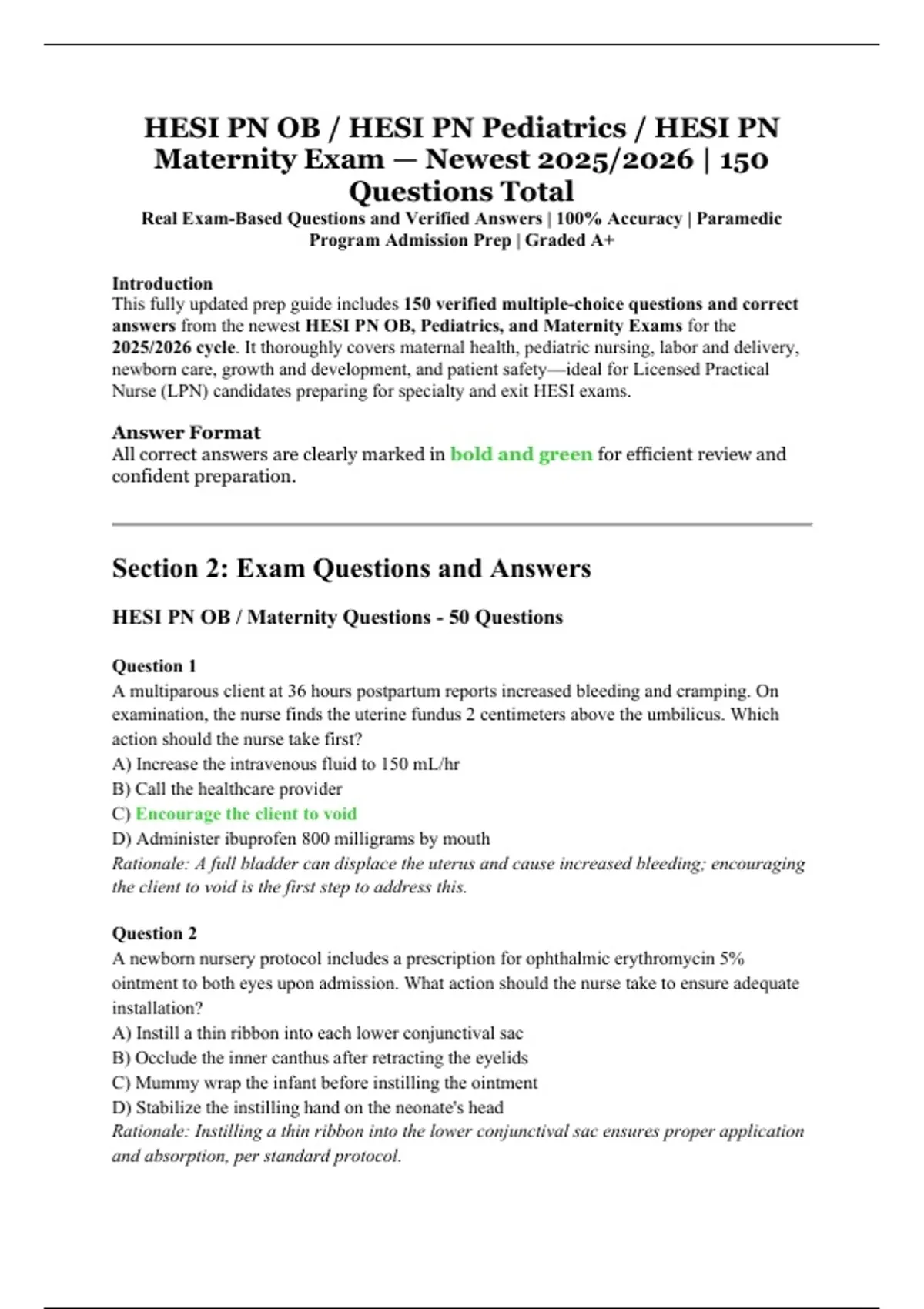 HESI PN OB / Pediatrics / Maternity Exam | 2025/2026 Newest Edition 150 ...
