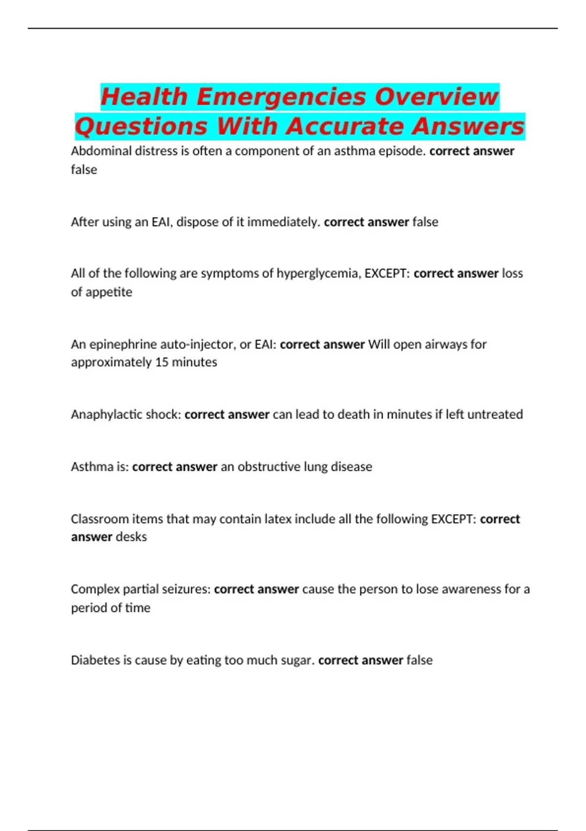 Answer Health Health Emergencies Overview Questions With Accurate Answers - Nursing ...