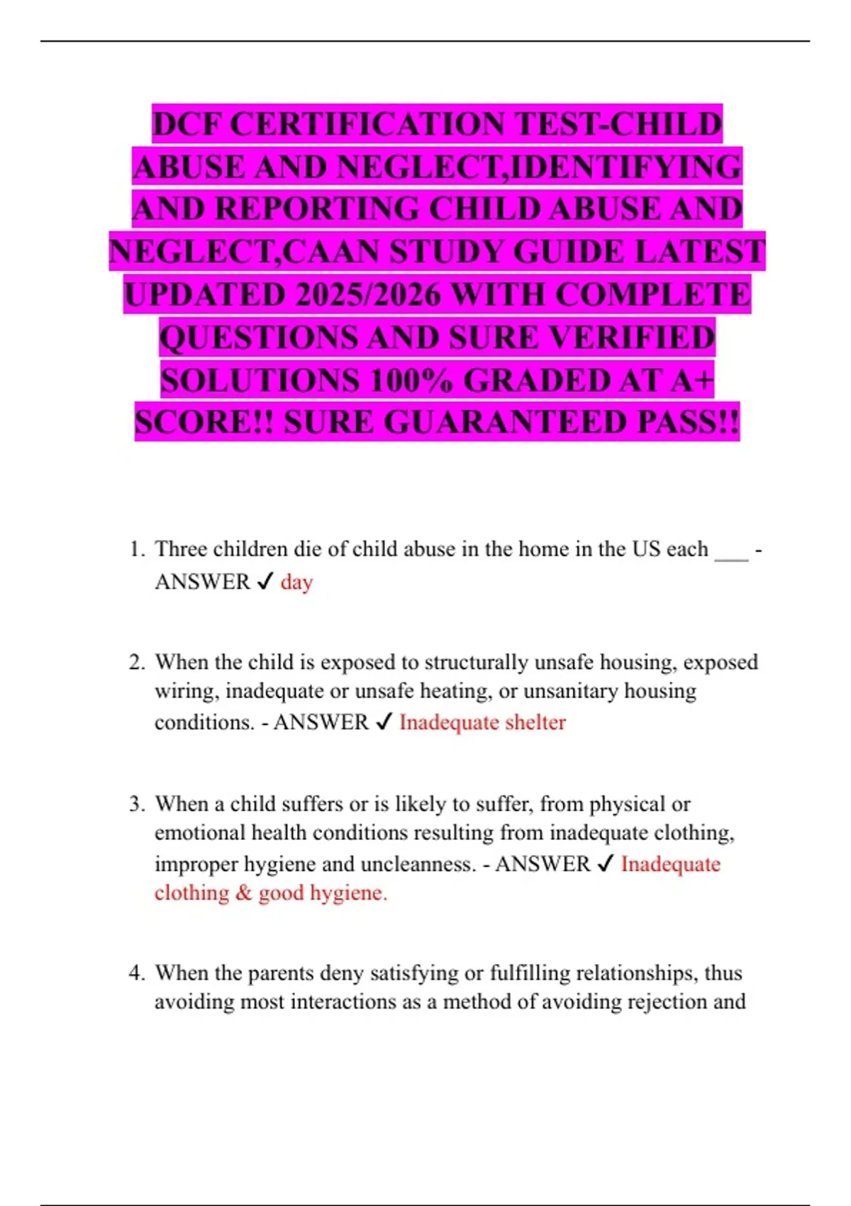 DCF CERTIFICATION TEST-CHILD ABUSE AND NEGLECT,IDENTIFYING AND ...