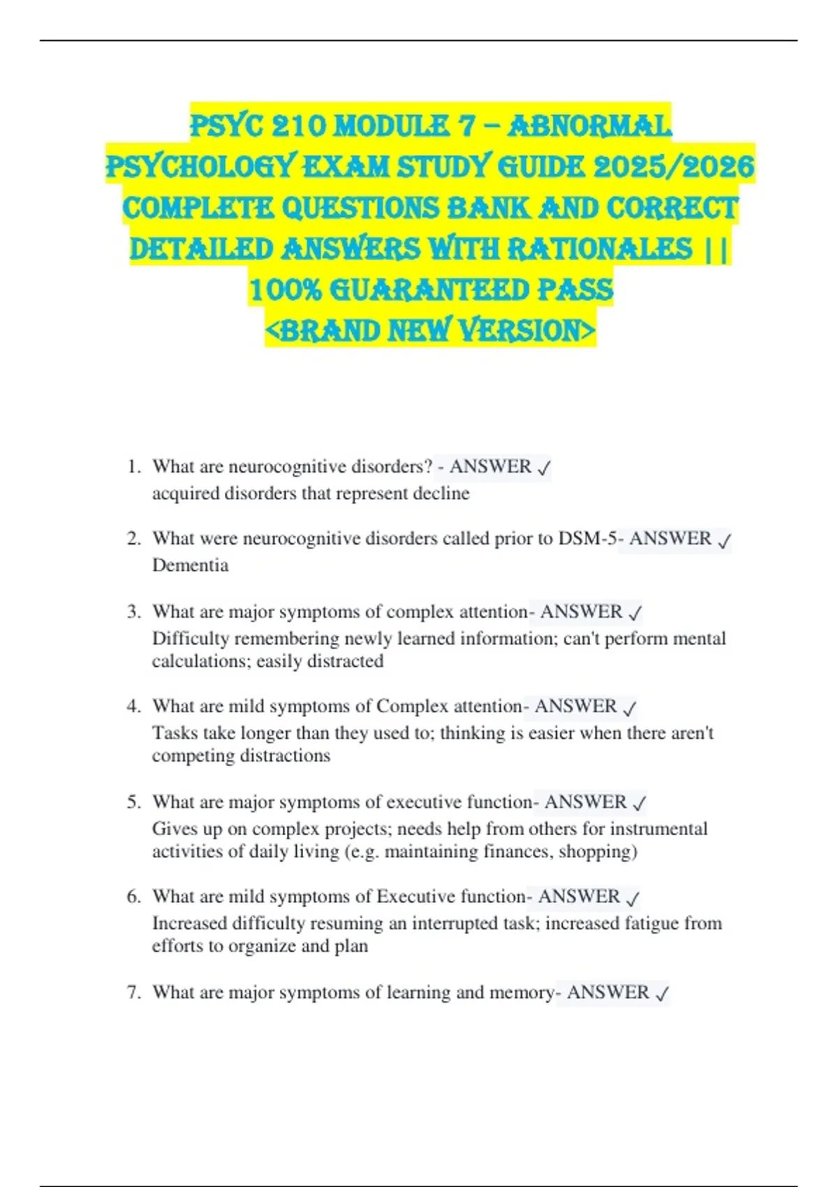 PSYC 210 Module 7 – Abnormal Psychology EXAM STUDY GUIDE 2025/2026 ...