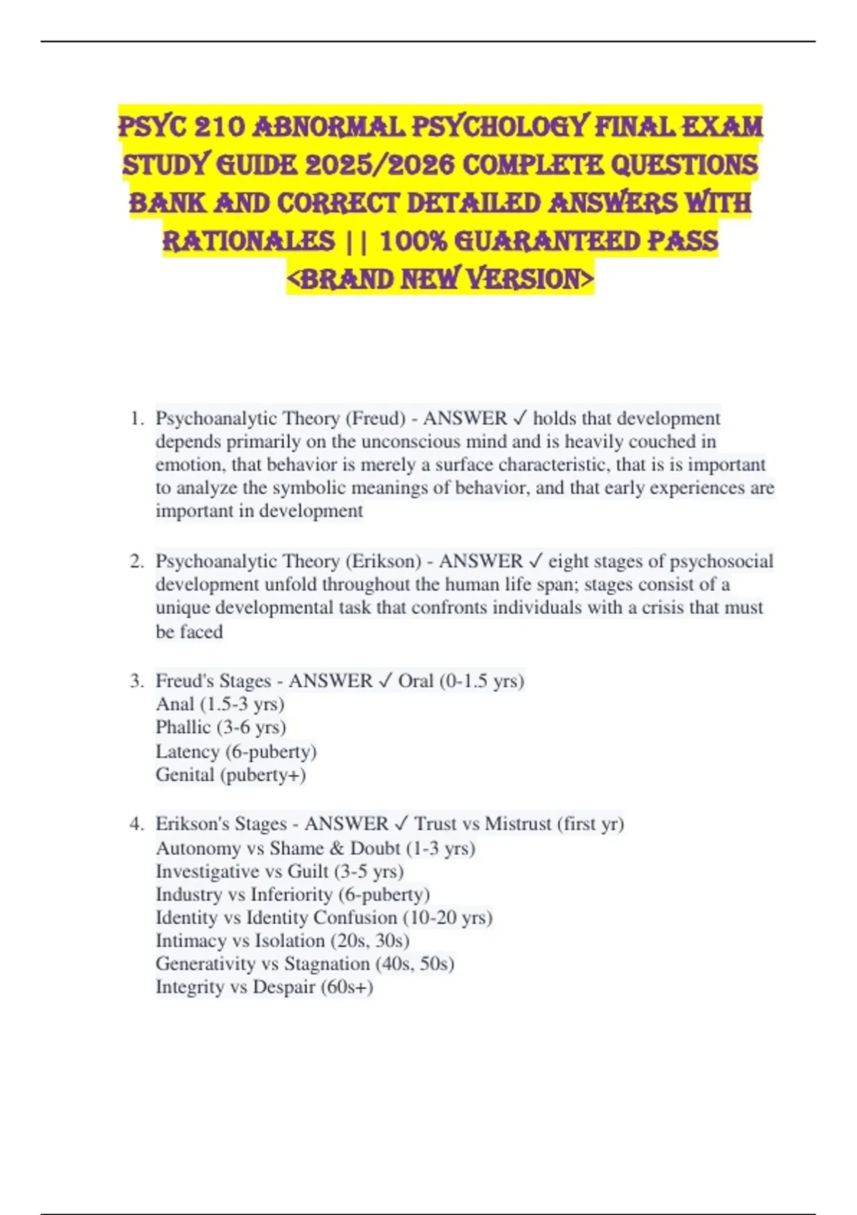 PSYC 210 Abnormal Psychology FINAL EXAM STUDY GUIDE 2025/2026 COMPLETE ...
