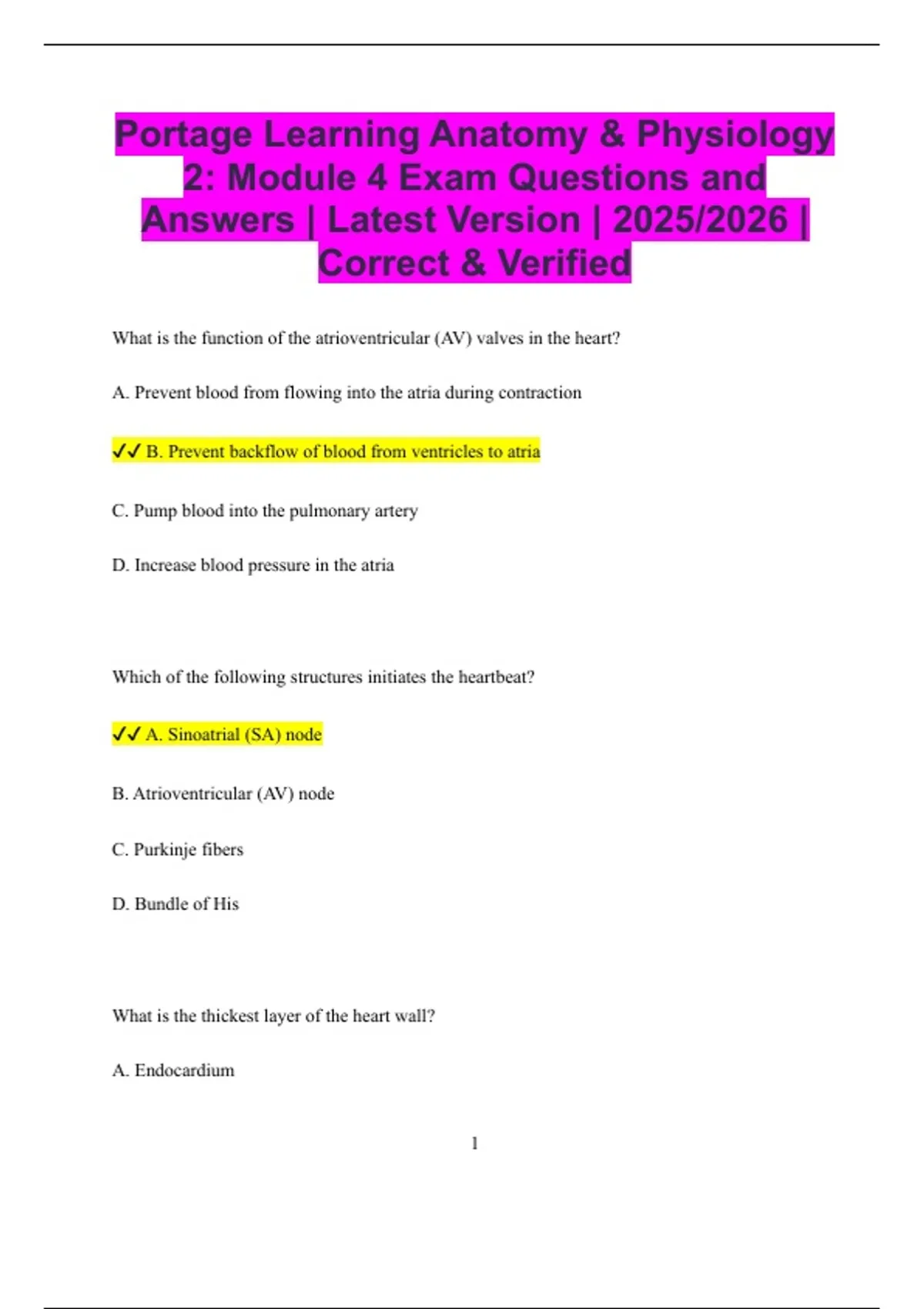 Portage Learning Anatomy & Physiology 2: Module 4 Exam Questions and ...