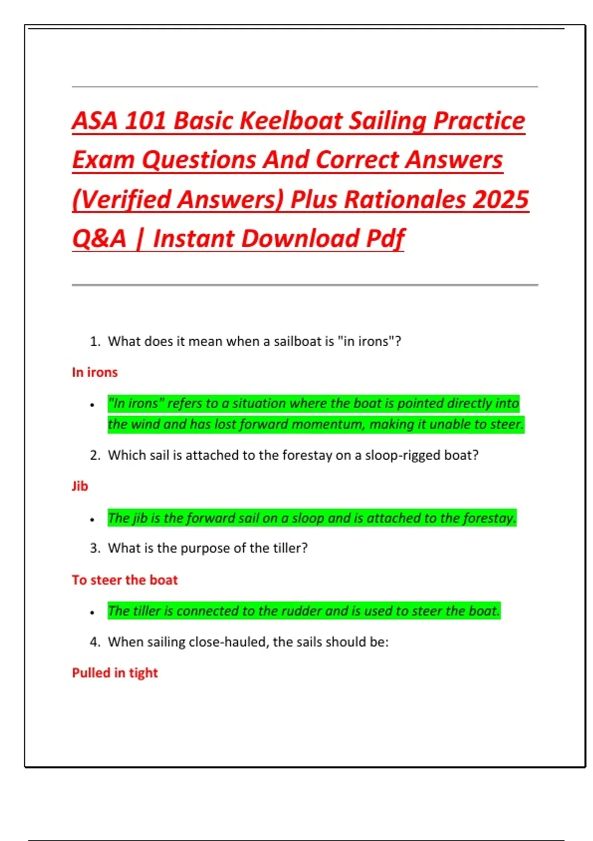 ASA 101 Basic Keelboat Sailing Practice Exam Questions And Correct ...