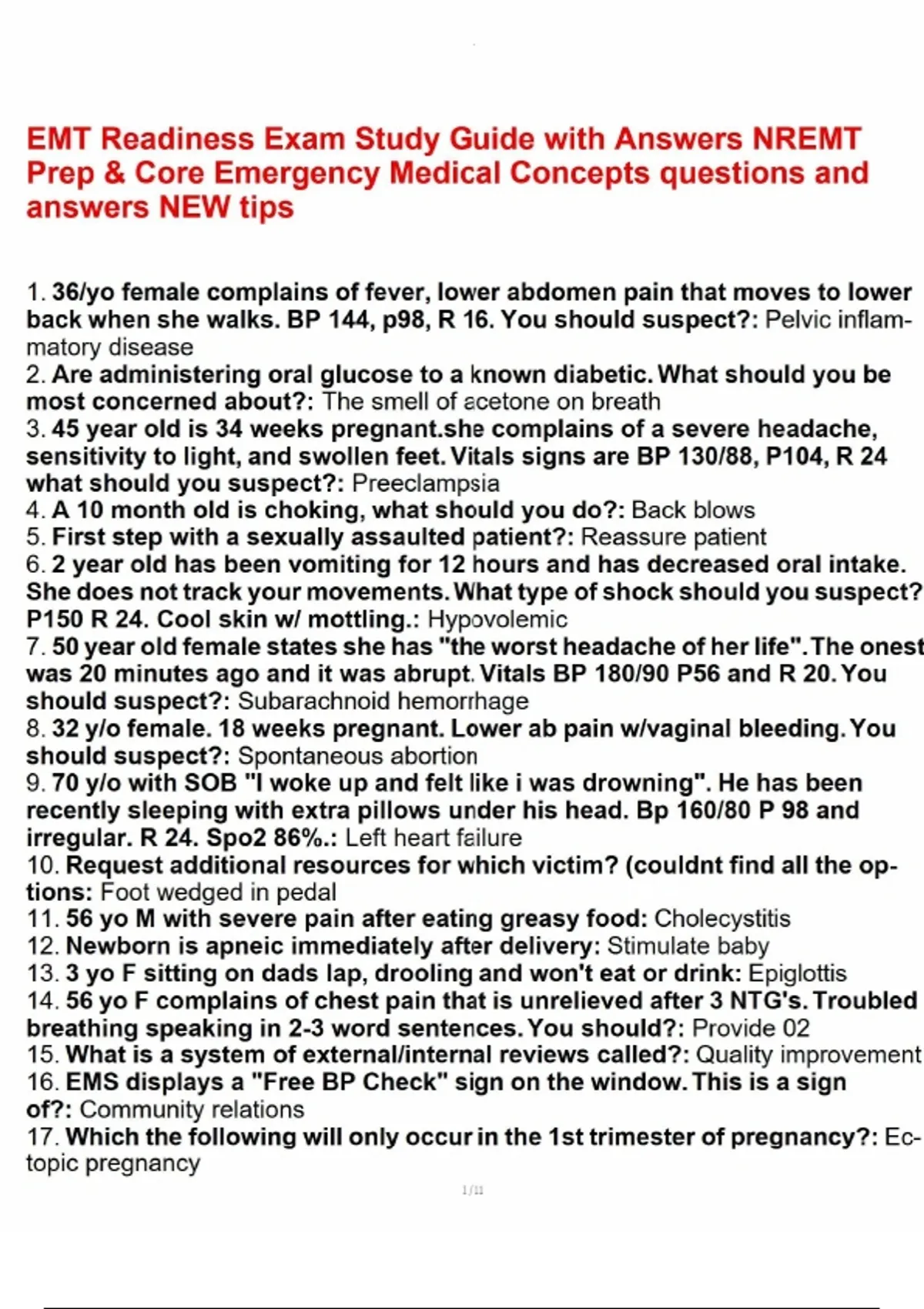 Emergency Dr Core Subjects EMT Readiness Exam Study Guide with Answers NREMT Prep & Core Emergency ...