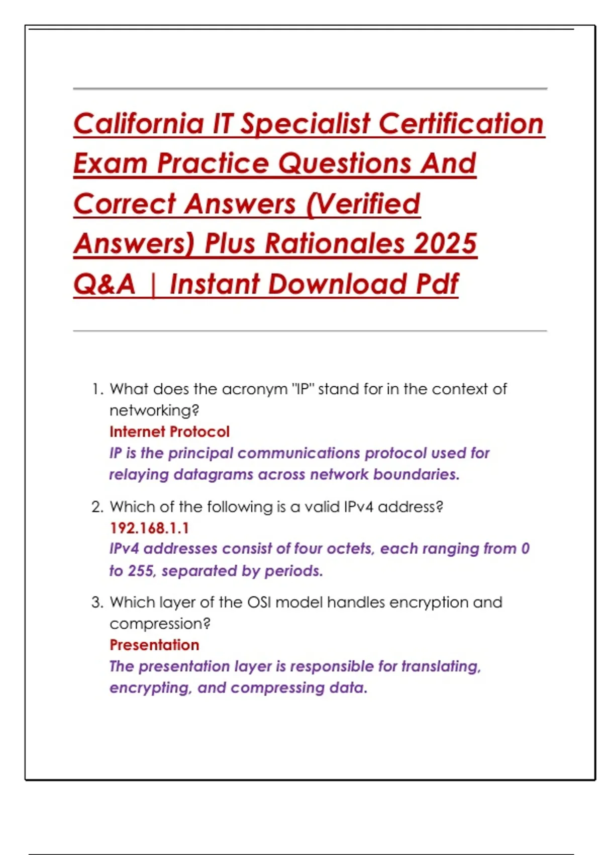 California IT Specialist Certification Exam Practice Questions And Correct Answers (Verified ...
