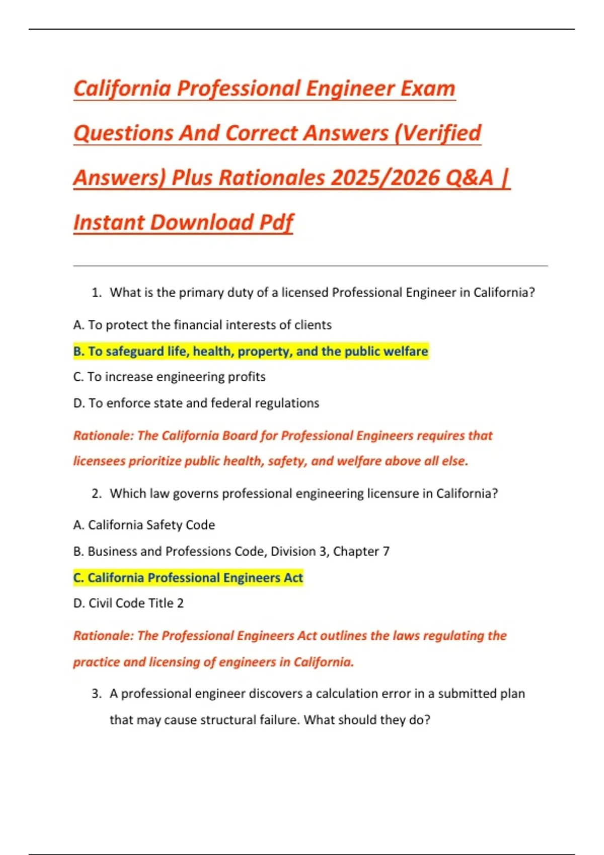 California Professional Engineer Exam Questions And Correct Answers ...