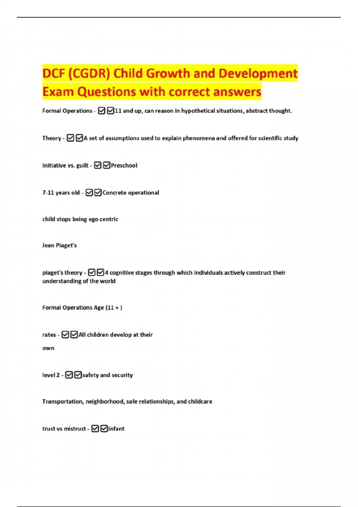DCF (CGDR) Child Growth and Development Exam Questions with correct ...