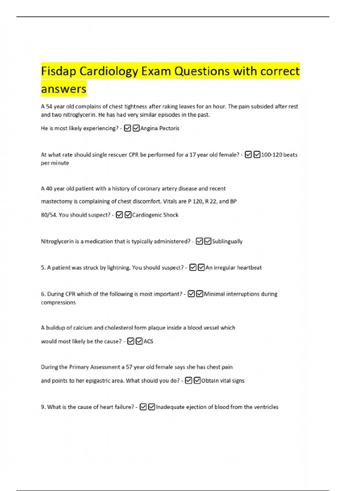 Fisdap Cardiology Exam Questions with correct answers - Fisdap ...