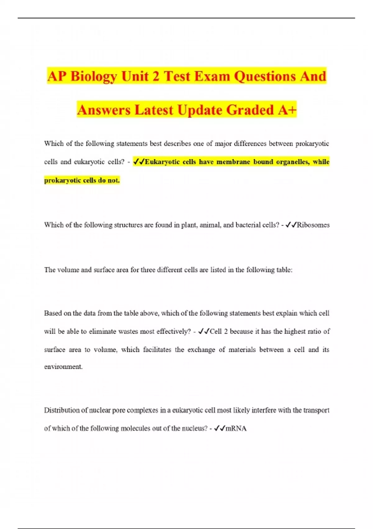AP Biology Unit 2 Test Exam Questions And Answers Latest Update Graded ...