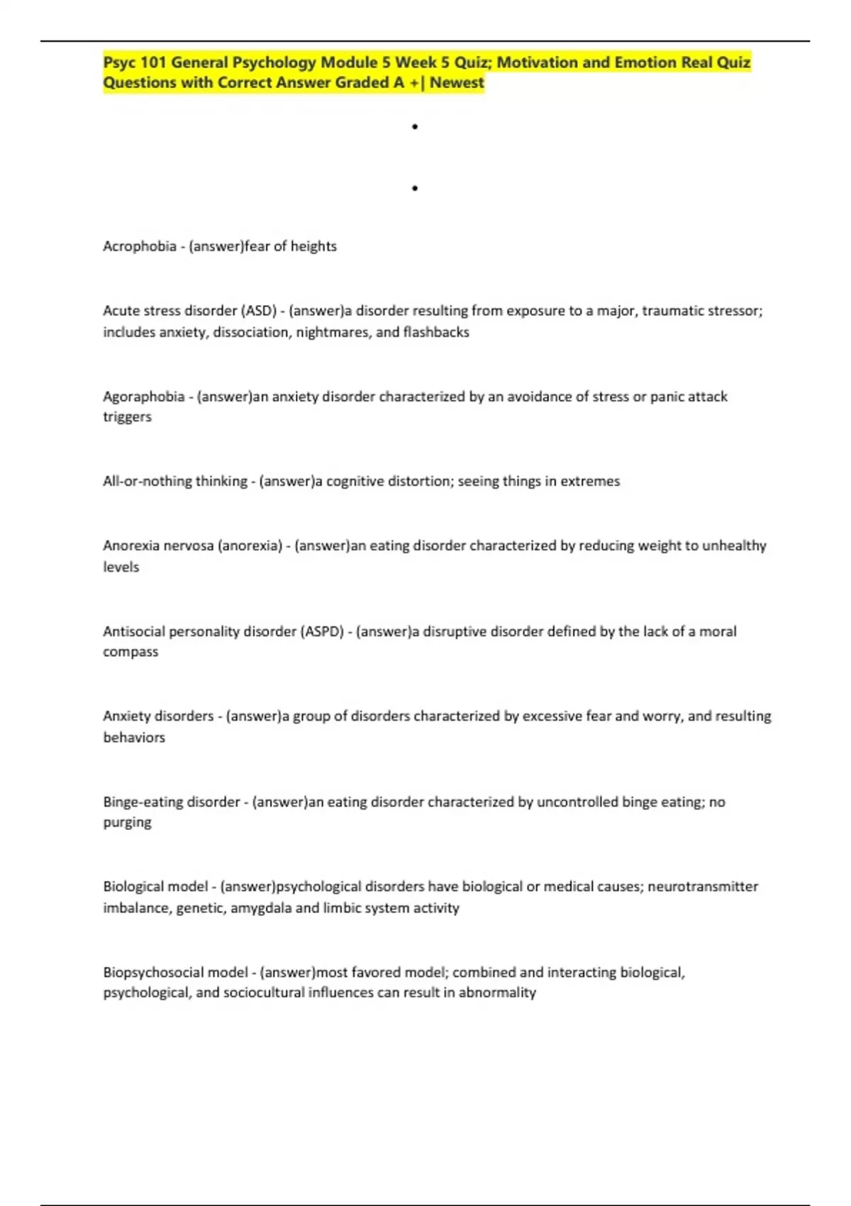 Psyc 101 General Psychology Module 5 Week 5 Quiz; Motivation and ...