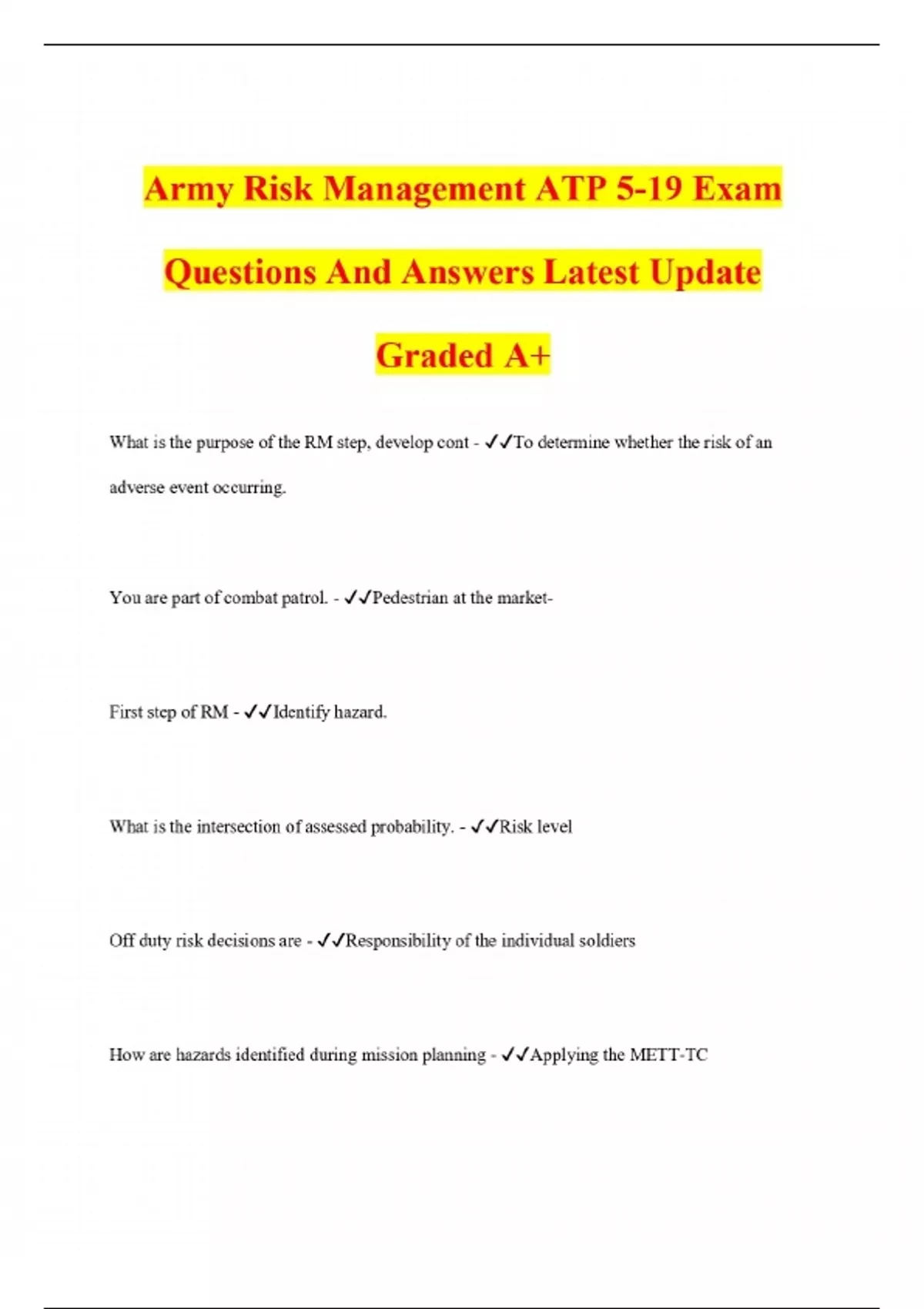 Army Risk Management ATP 5-19 Exam Questions And Answers Latest Update ...