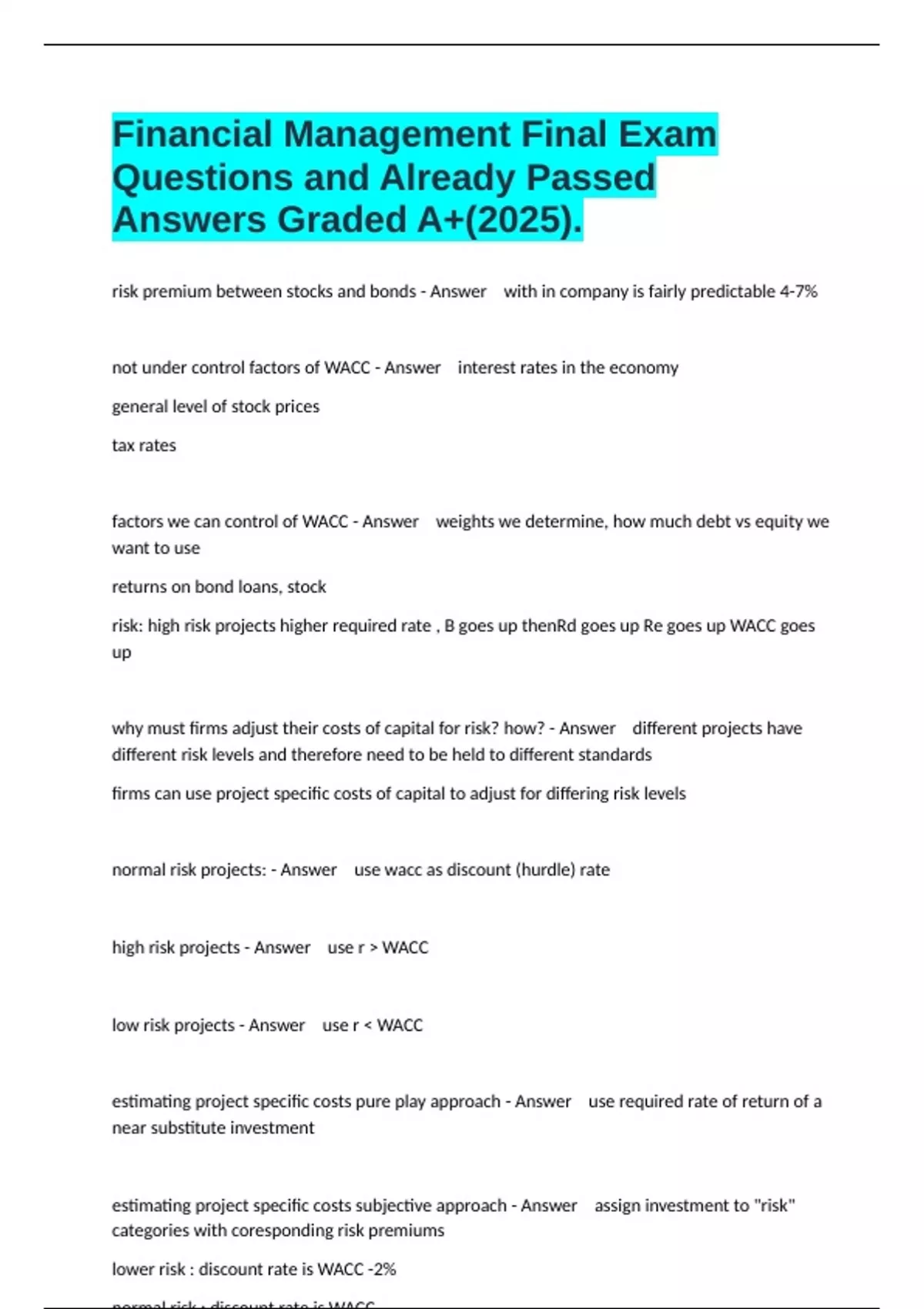 Financial Management Final Exam Questions and Already Passed Answers ...