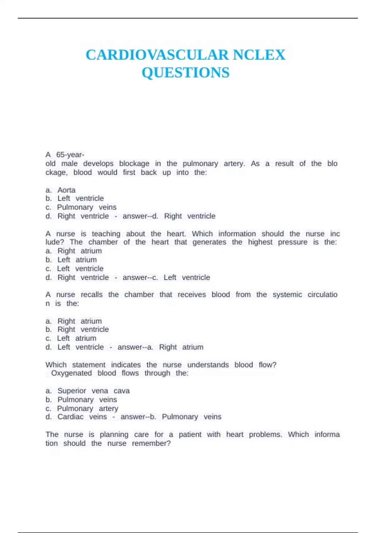 CARDIOVASCULAR NCLEX QUESTIONS - Cardiac - Stuvia US