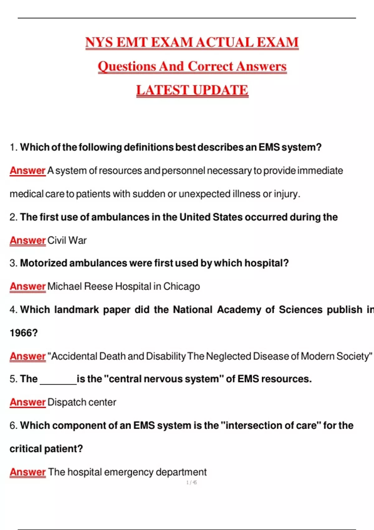 NYS EMT EXAM ACTUAL EXAM 2025 | ALL QUESTIONS AND CORRECT ANSWERS ...