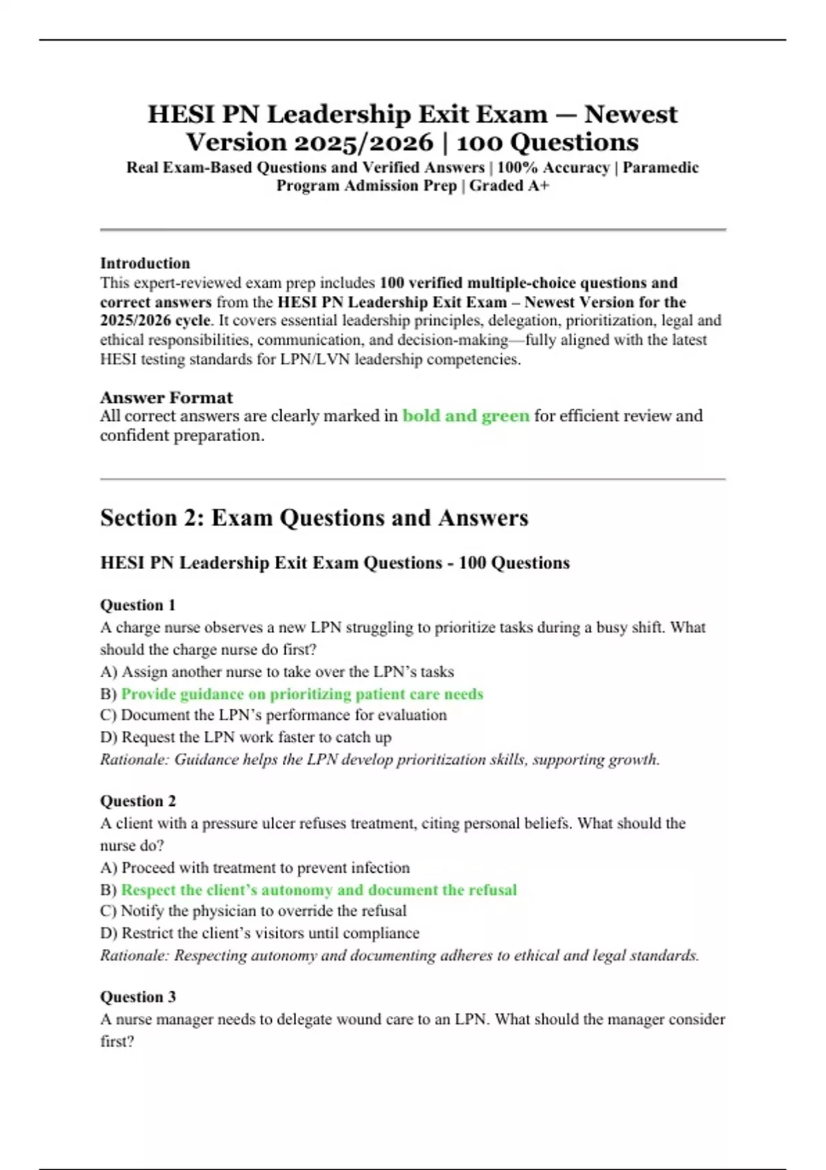 HESI PN Leadership Exit Exam — Newest Version 2025/2026 100 Real Exam ...