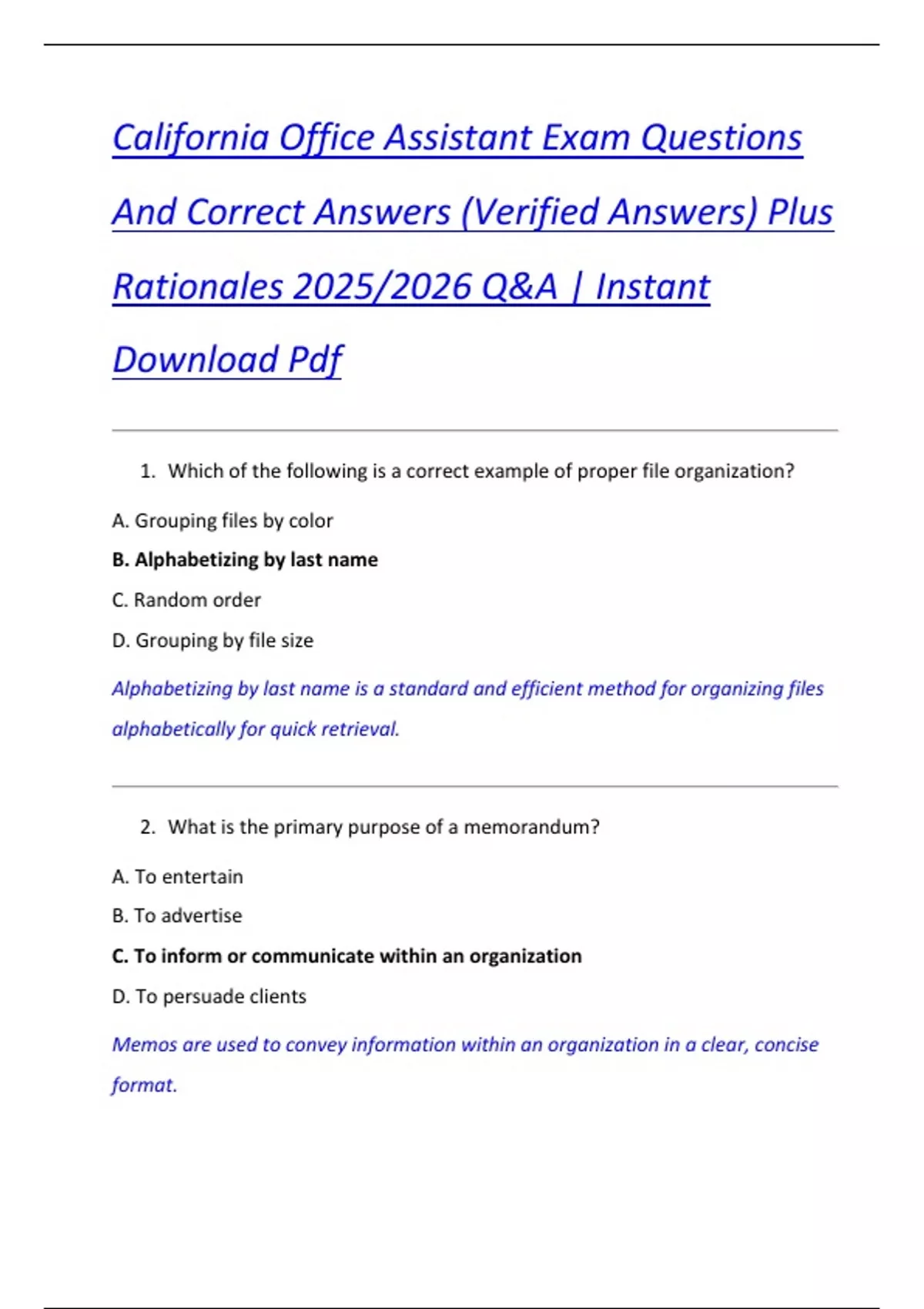 California Office Assistant Exam Questions And Correct Answers (Verified Answers) Plus ...