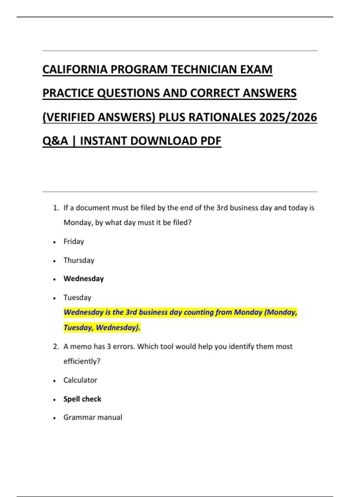 CALIFORNIA PROGRAM TECHNICIAN EXAM PRACTICE QUESTIONS AND CORRECT ANSWERS (VERIFIED ANSWERS ...