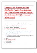California Lead Inspector&sol;Assessor  Certification Practice Exam Questions  And Correct Answers &lpar;Verified Answers&rpar;  Plus Rationales 2025 Q&A &vert; Instant  Download Pdf