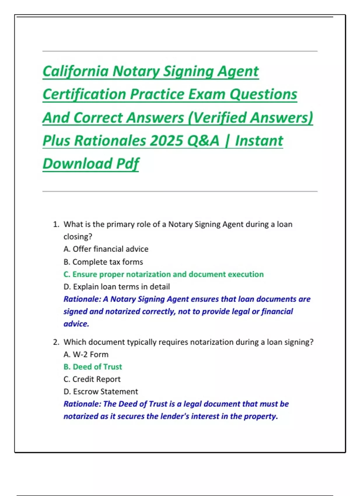 California Notary Signing Agent Certification Practice Exam Questions And Correct Answers ...