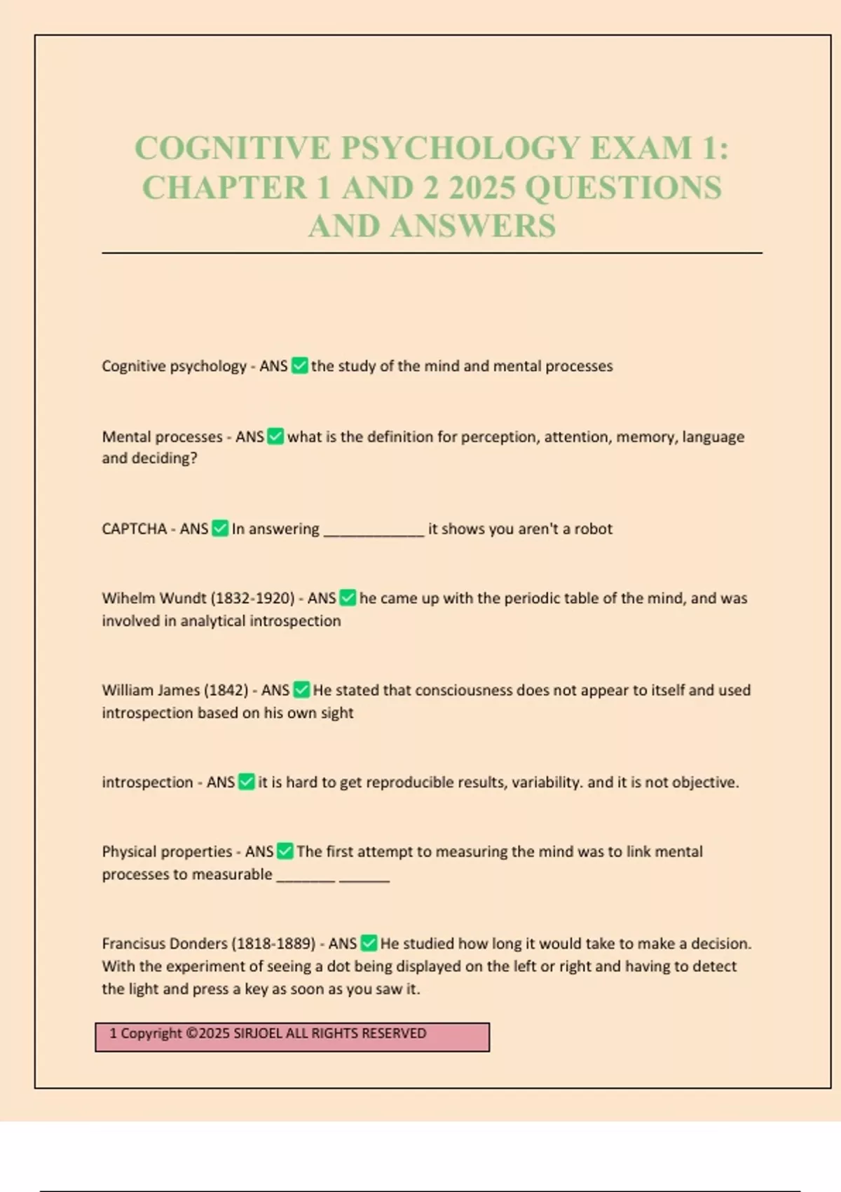 COGNITIVE PSYCHOLOGY EXAM 1: CHAPTER 1 AND 2 2025 QUESTIONS AND ANSWERS - Cognitive Psychology ...