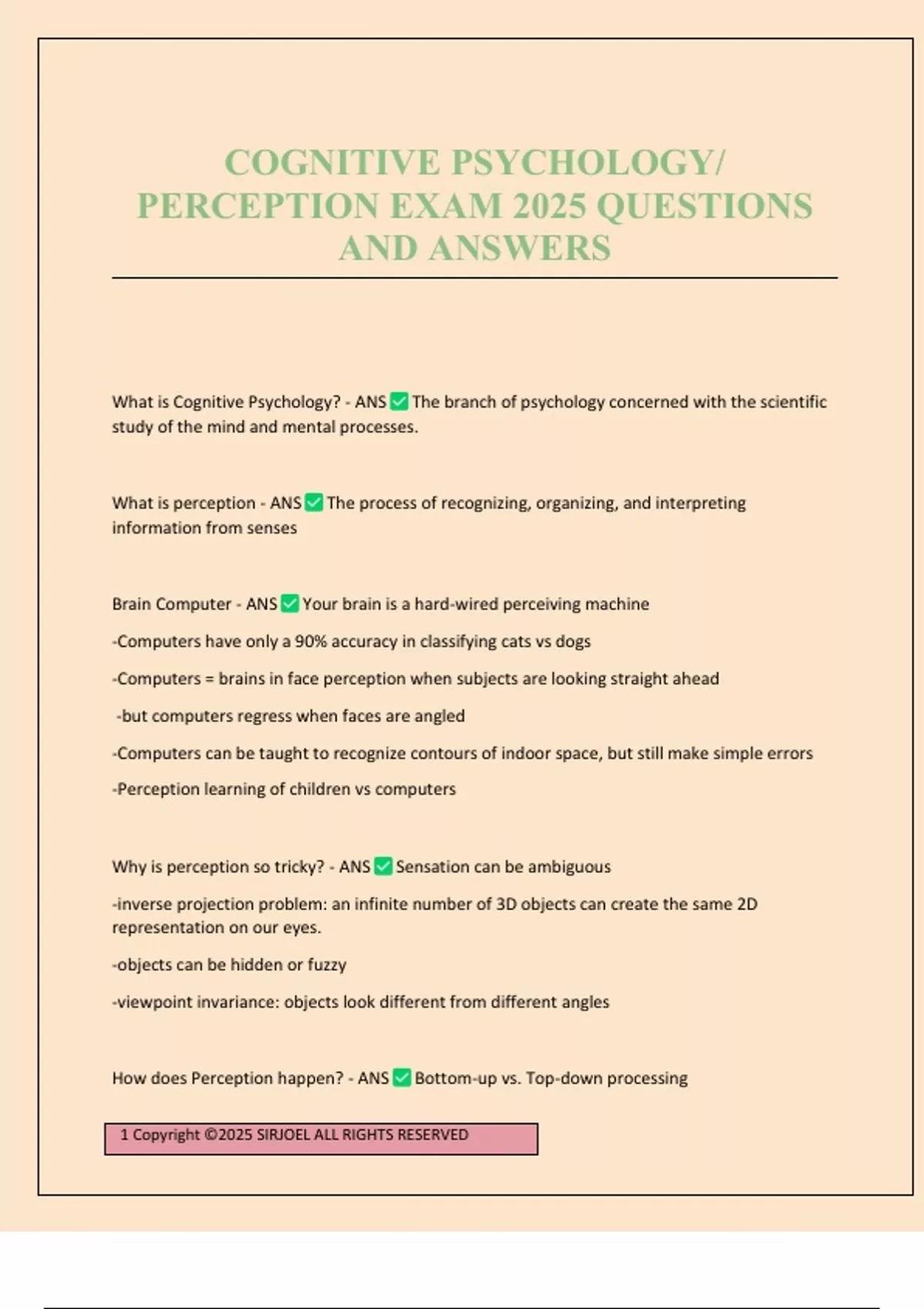 Log Perception Question COGNITIVE PSYCHOLOGY/ PERCEPTION EXAM 2025 QUESTIONS AND ANSWERS ...