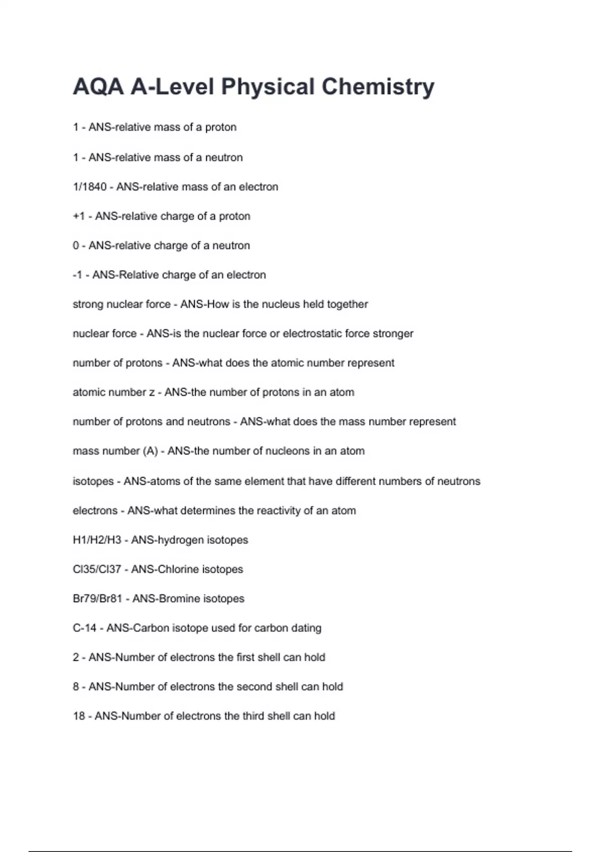 AQA A-Level Physical Chemistry Questions and answers graded A+ 2025/ ...