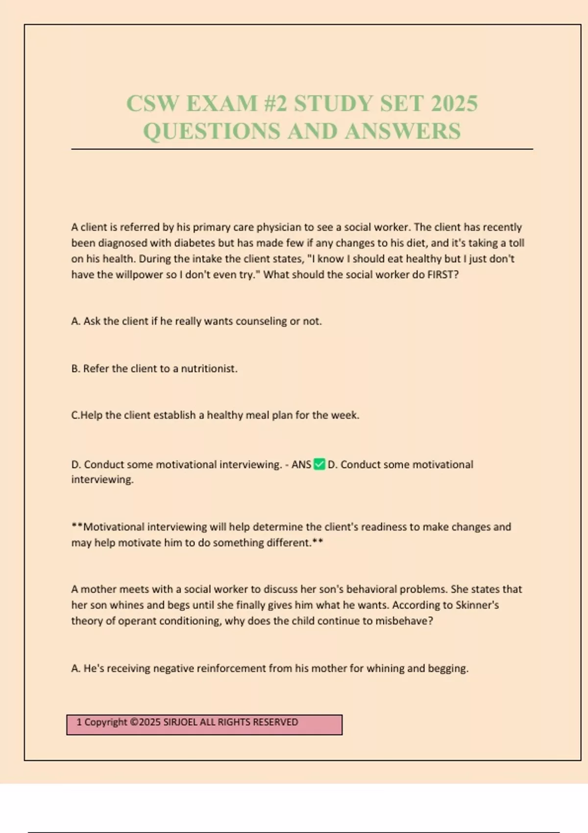 CSW EXAM #2 STUDY SET 2025 QUESTIONS AND ANSWERS - CSW - Stuvia US