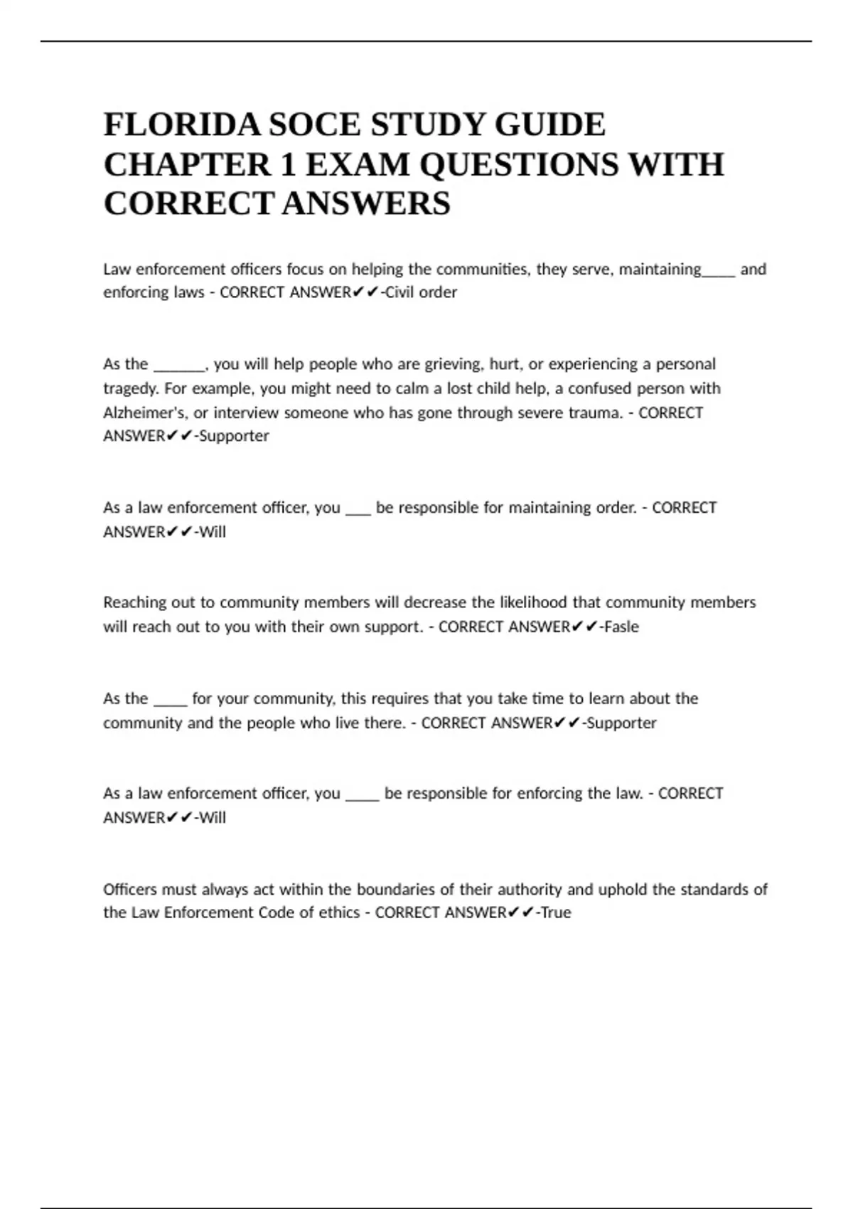 Soce Questions FLORIDA SOCE STUDY GUIDE CHAPTER 1 EXAM QUESTIONS WITH CORRECT ANSWERS ...
