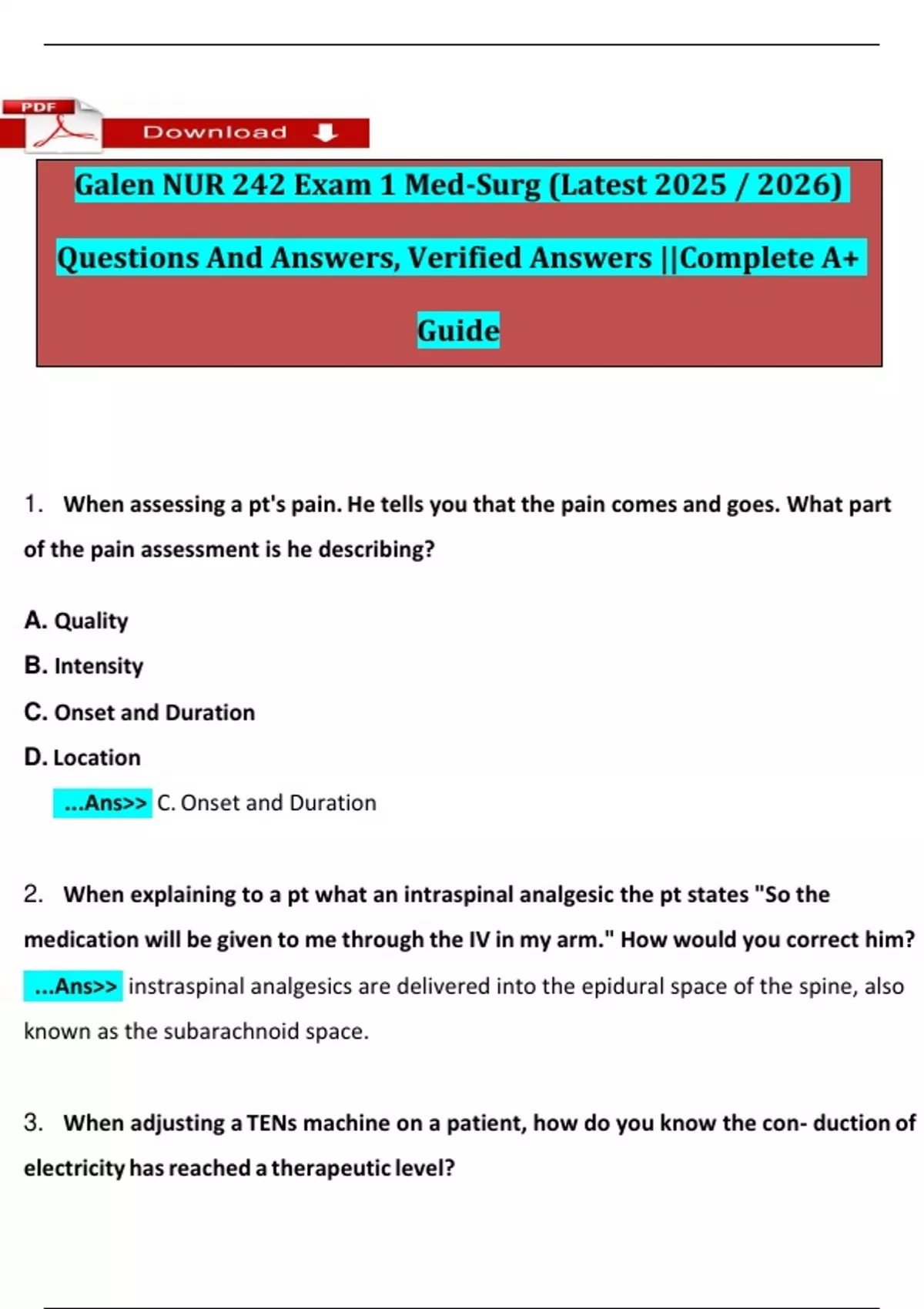Galen NUR 242 Exam 1 Med-Surg (Latest 2025 / 2026) Questions And ...