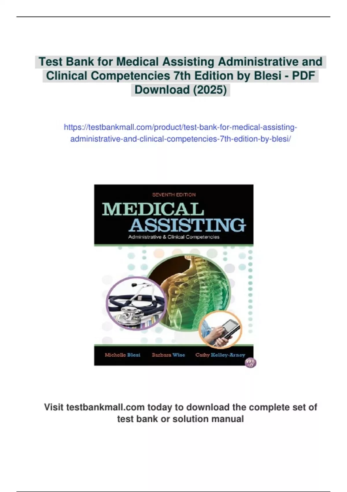Summary Test Bank for Medical Assisting Administrative and Clinical Competencies 7th Edition by ...