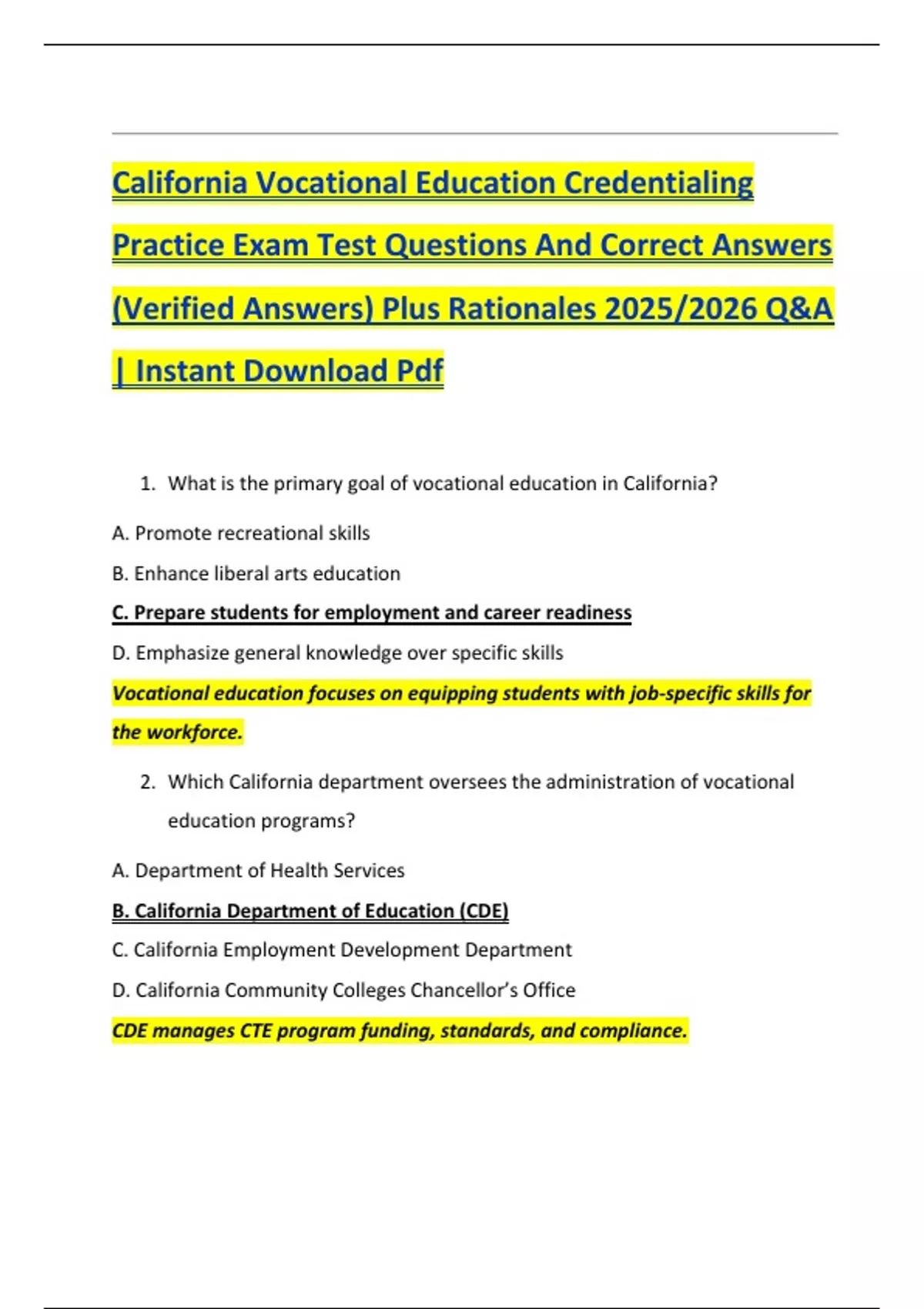 California Vocational Education Credentialing Practice Exam Test ...