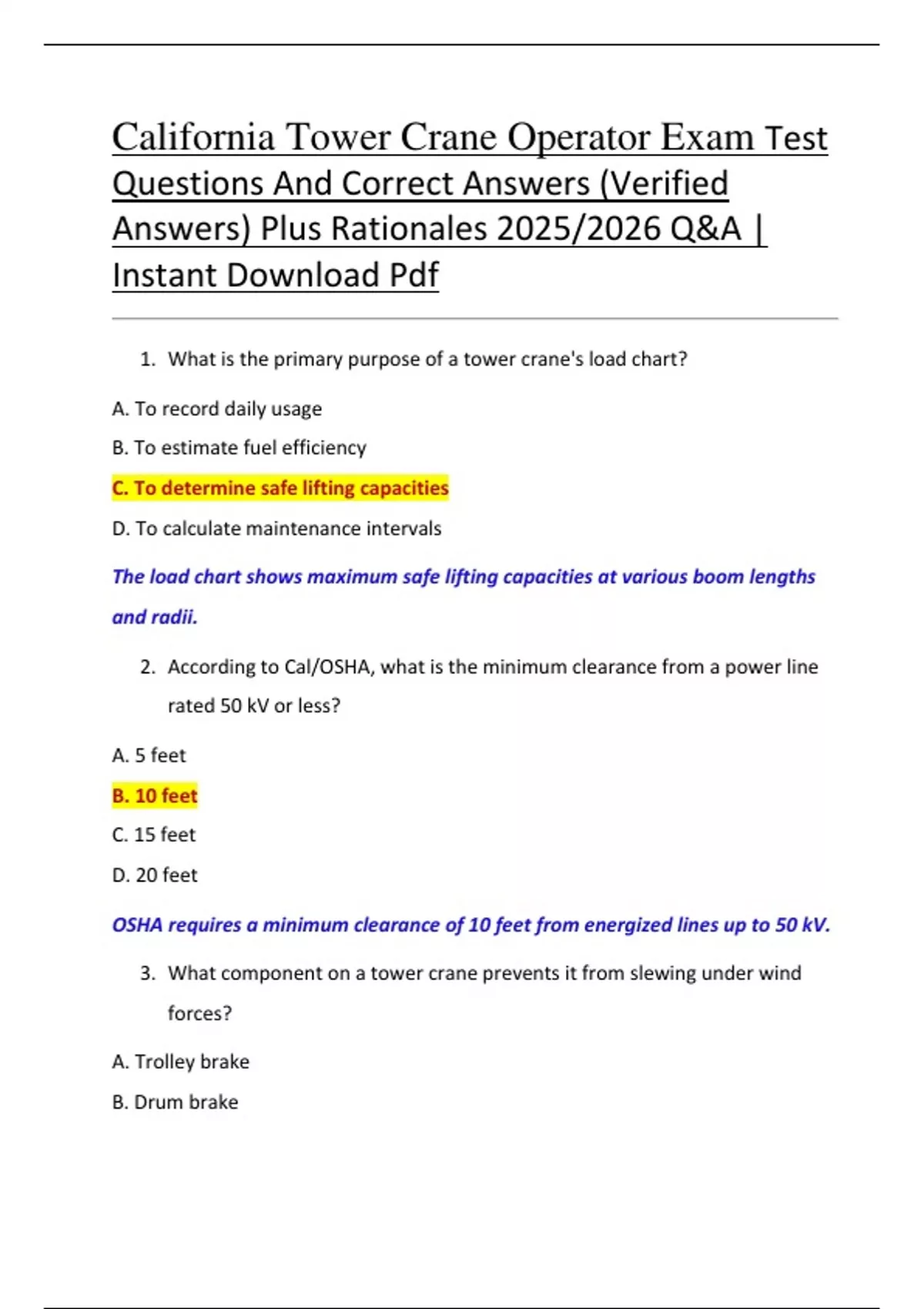 California Tower Crane Operator Exam Test Questions And Correct Answers ...