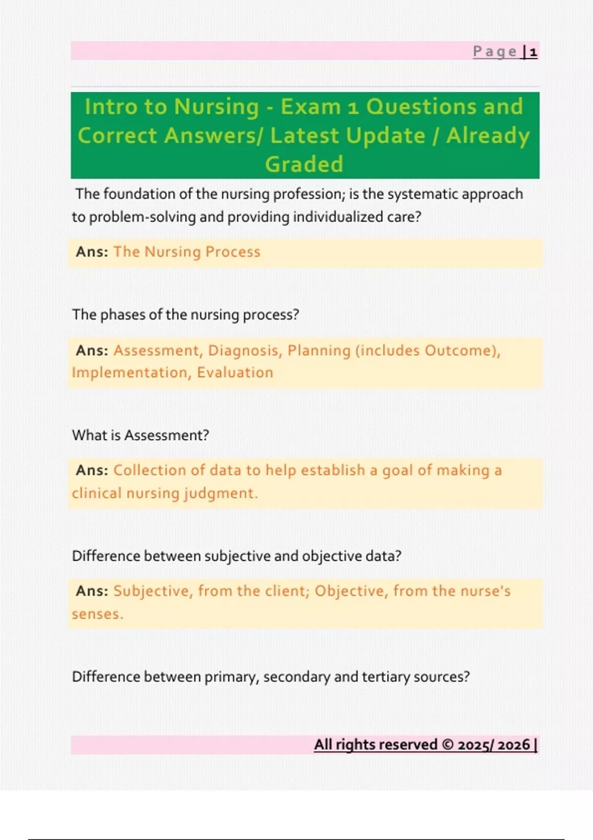 Intro to Nursing - Exam 1 Questions and Correct Answers/ Latest Update ...
