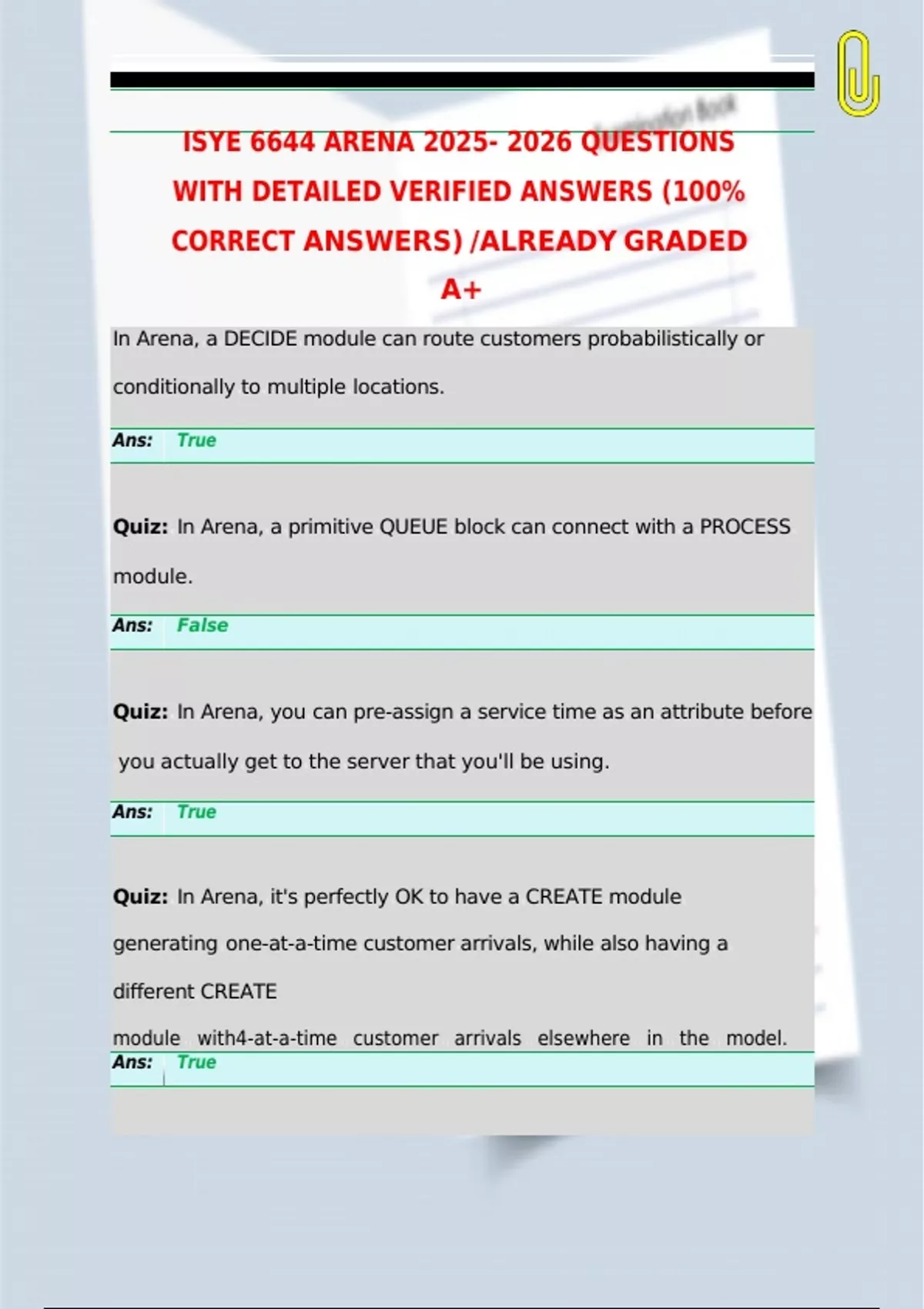Decide Module Arena ISYE 6644 ARENA QUESTIONS WITH DETAILED VERIFIED ANSWERS (100% CORRECT ...