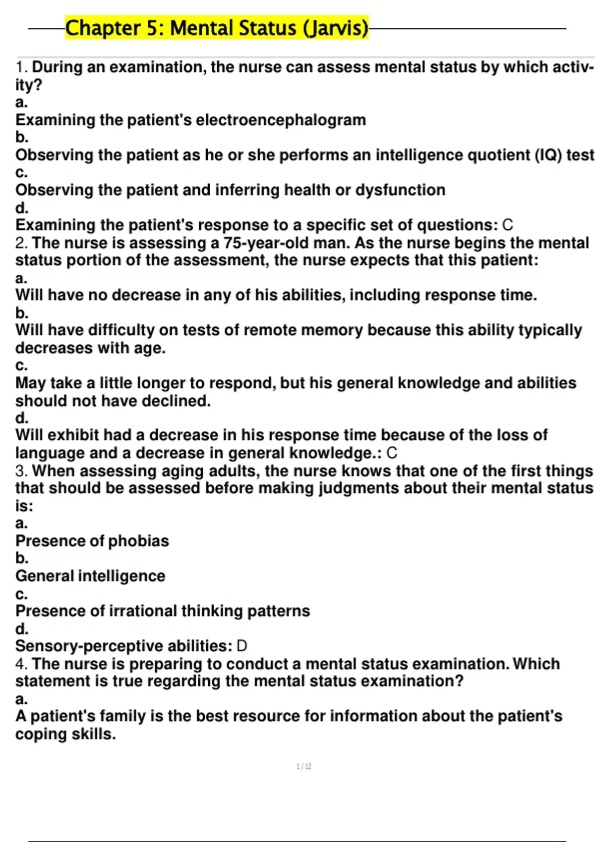 Mental Status Test Bank (Jarvis): 35+ Practice Questions & Correct ...