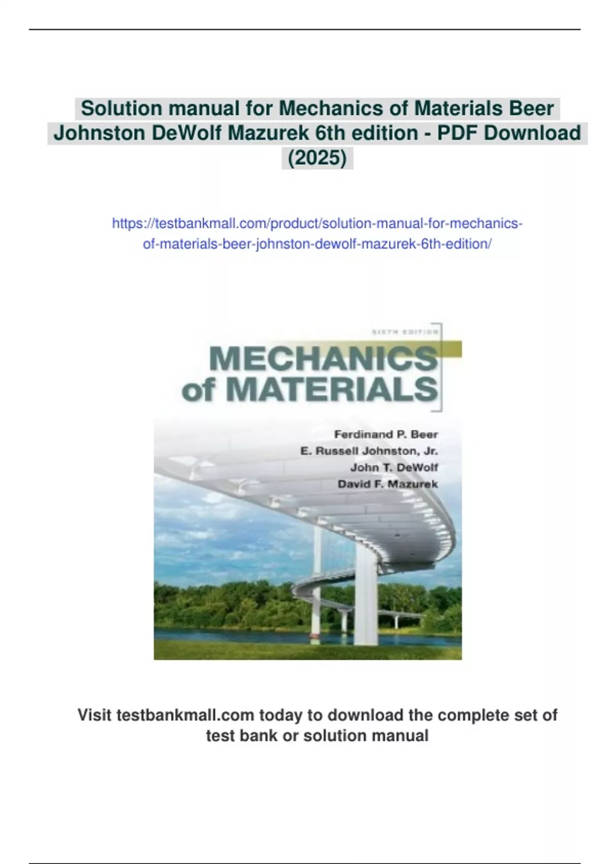 Summary Solution manual for Mechanics of Materials Beer Johnston DeWolf Mazurek 6th edition ...